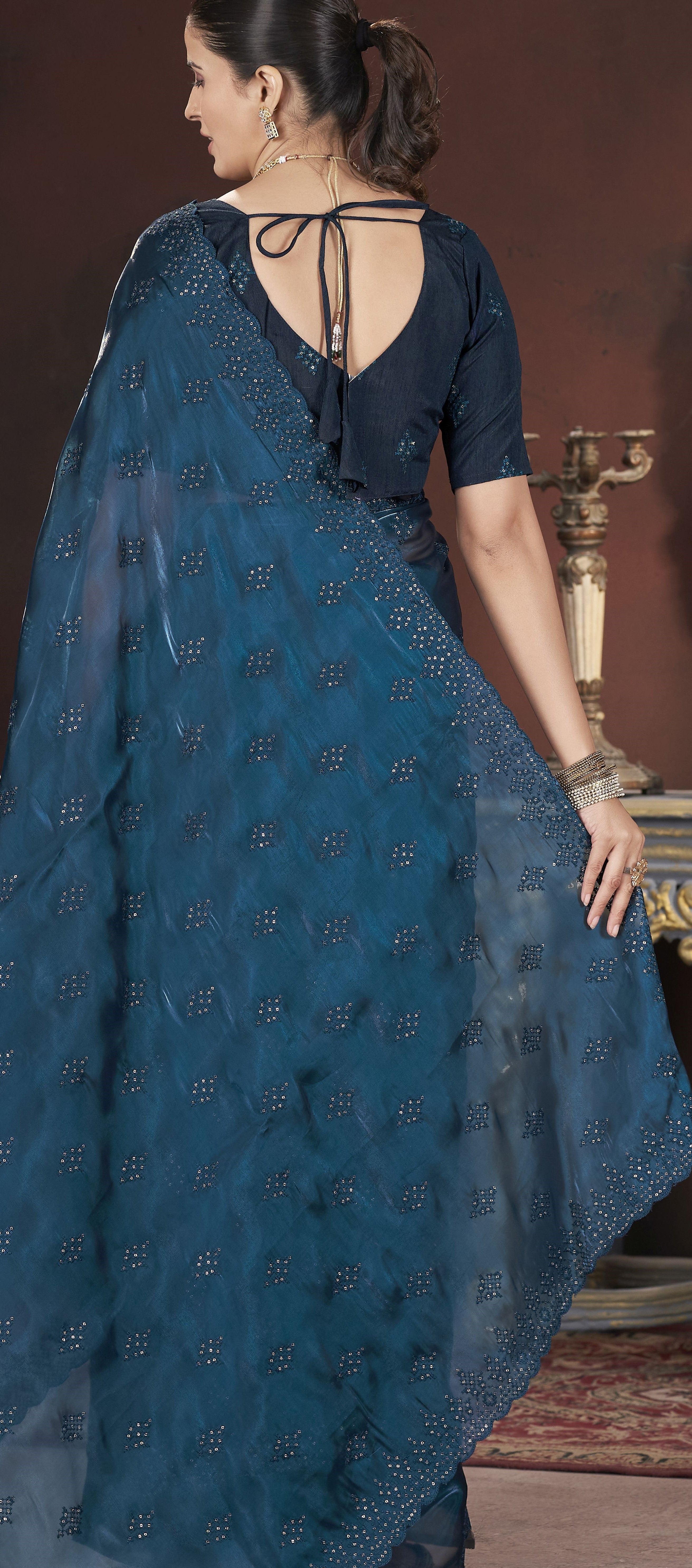 Teal Blue Stylish Jimmy Choo Ethnic Sequins Embroidered Saree