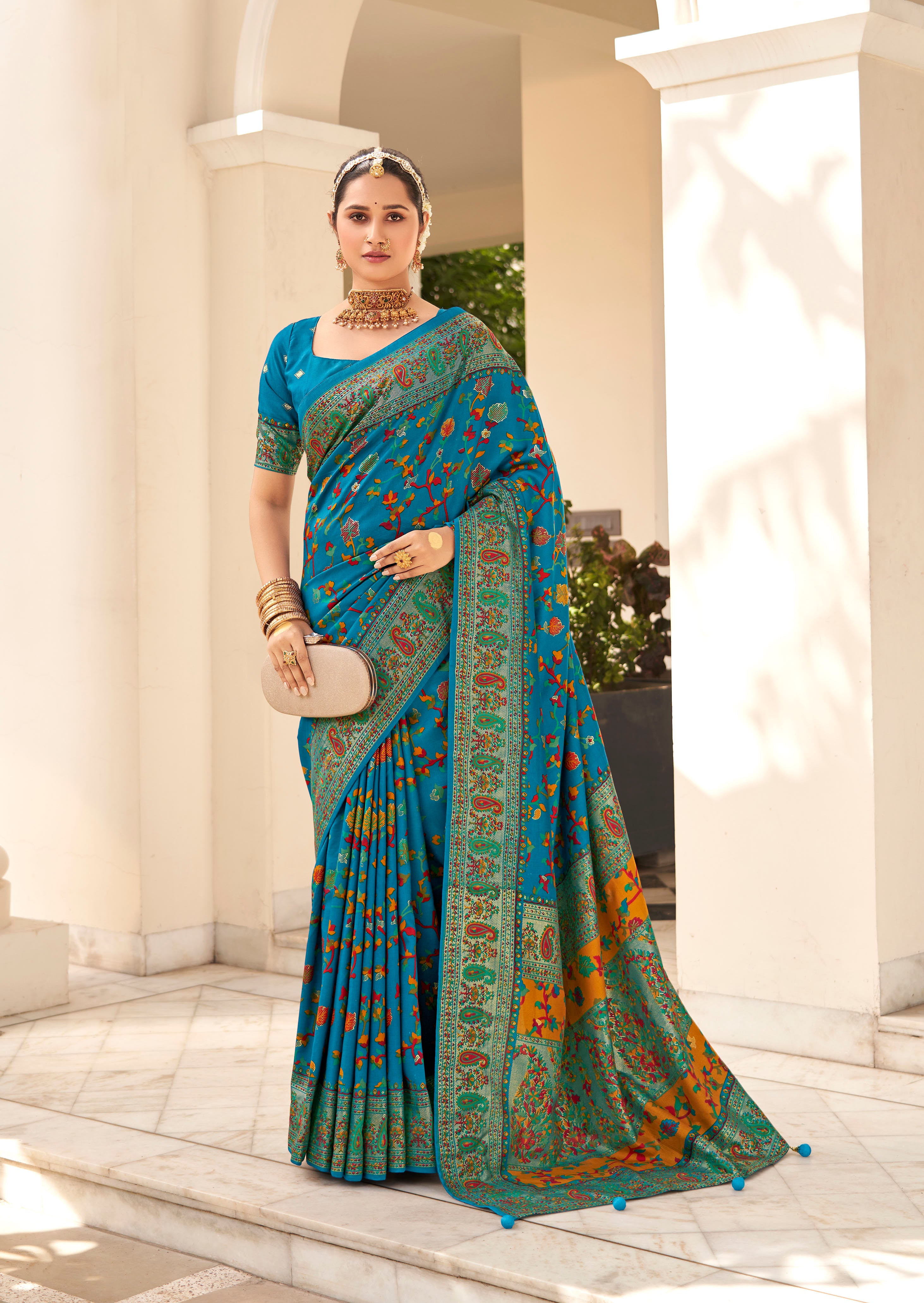 Teal Blue Velvet Tussar Silk Woven Designer With Floral Printed Ethnic Wedding Wear Saree