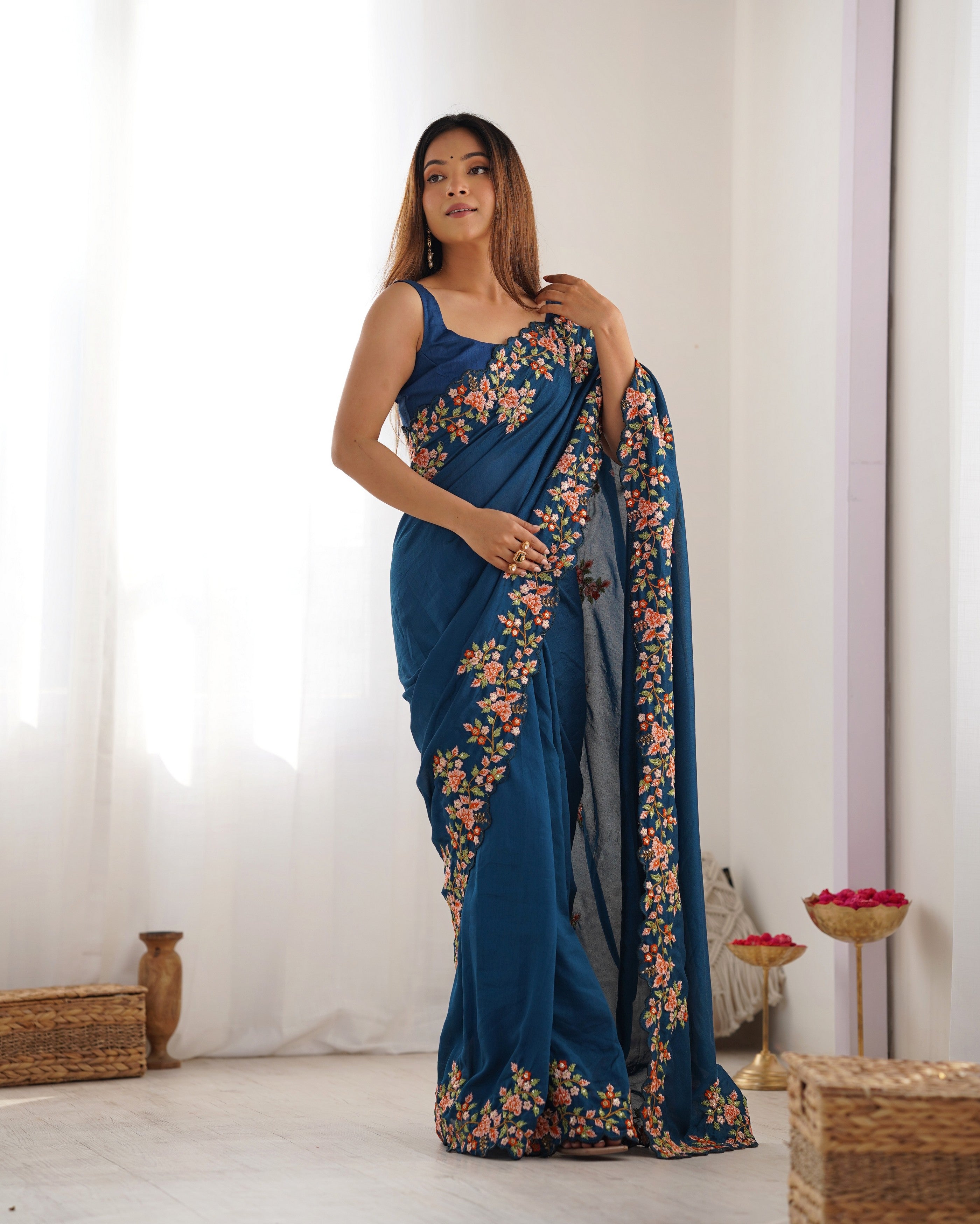 Teal Blue Vichitra Silk Designer Embrodery Work Ethnic Saree