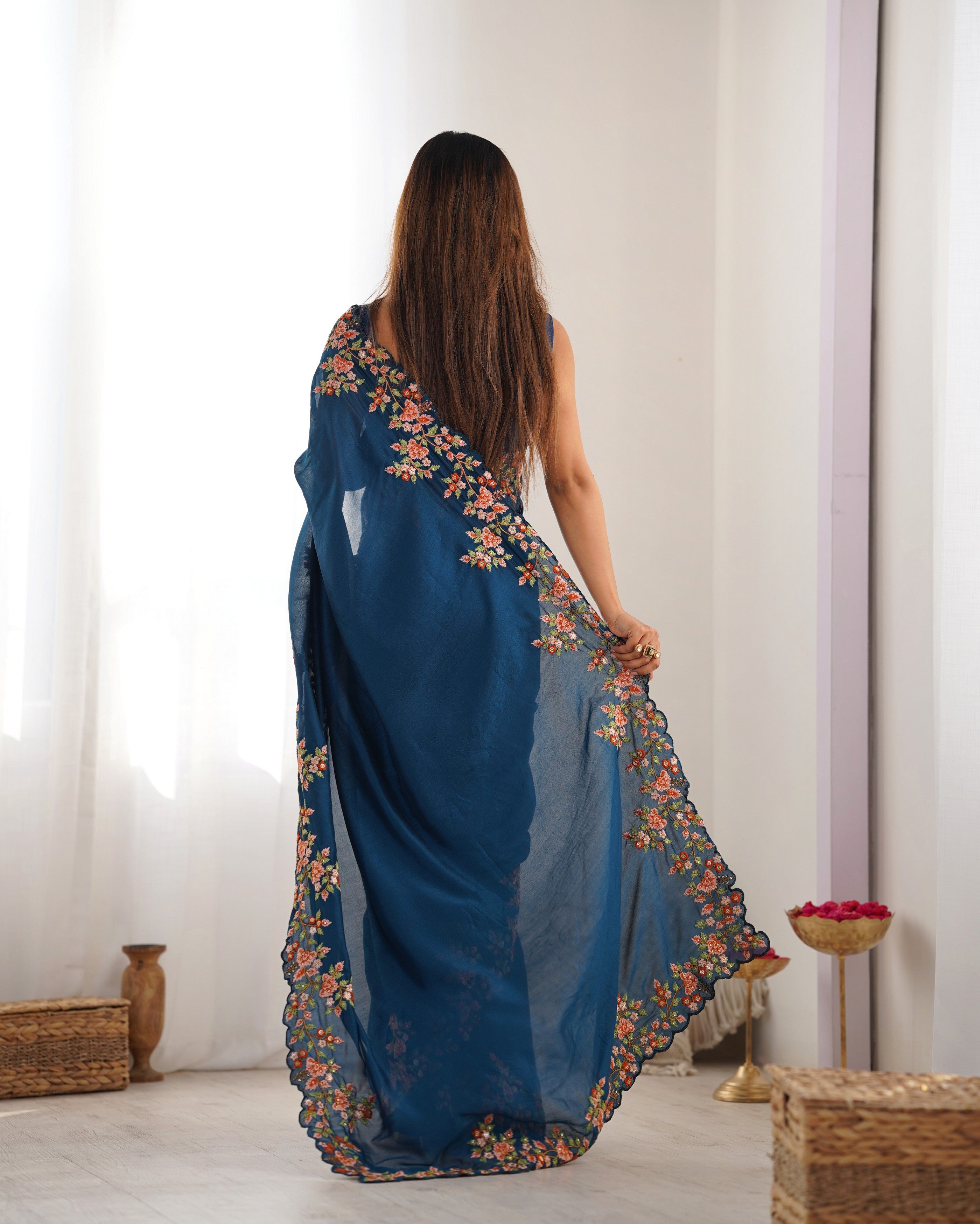 Teal Blue Vichitra Silk Designer Embrodery Work Ethnic Saree