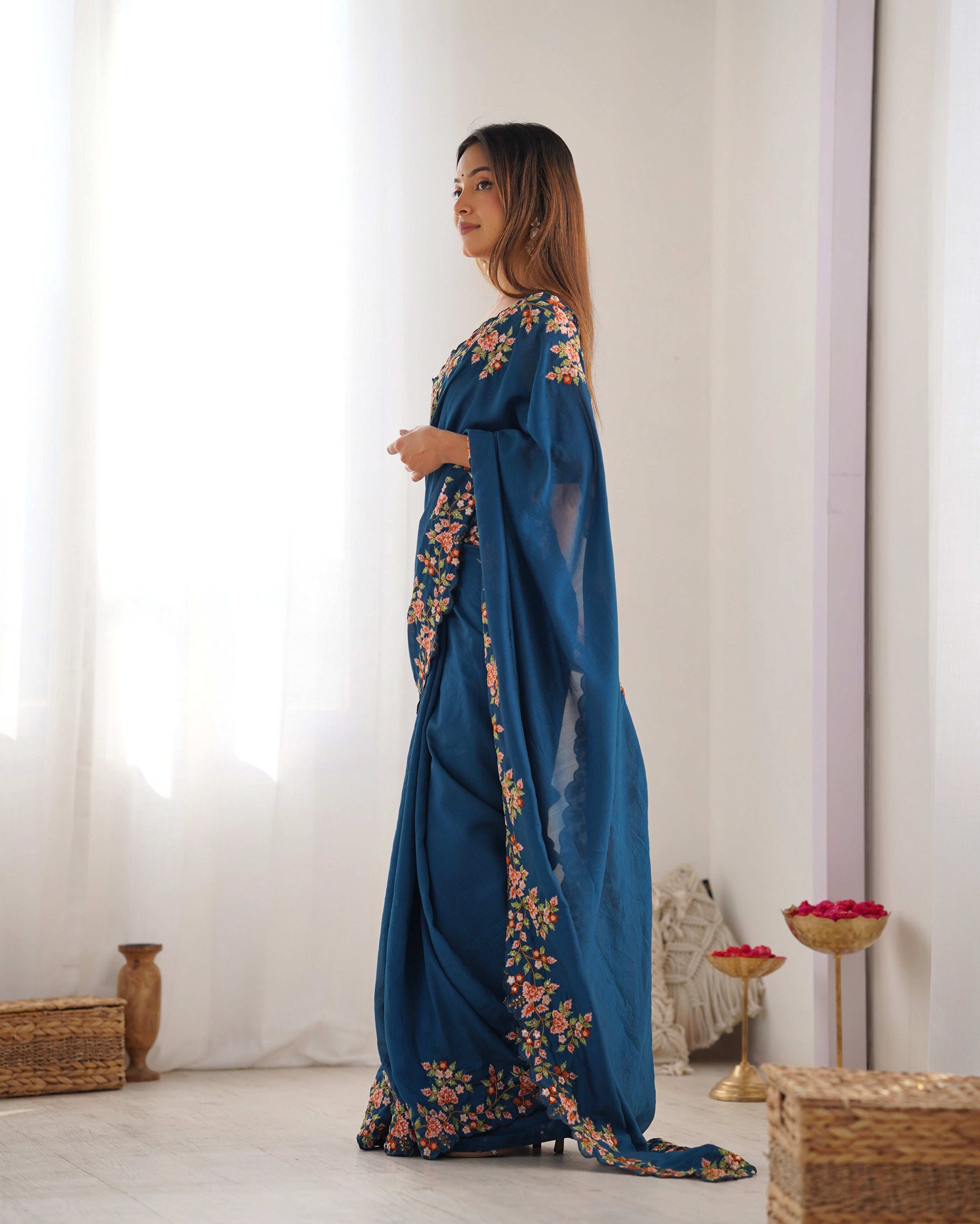 Teal Blue Vichitra Silk Designer Embrodery Work Ethnic Saree