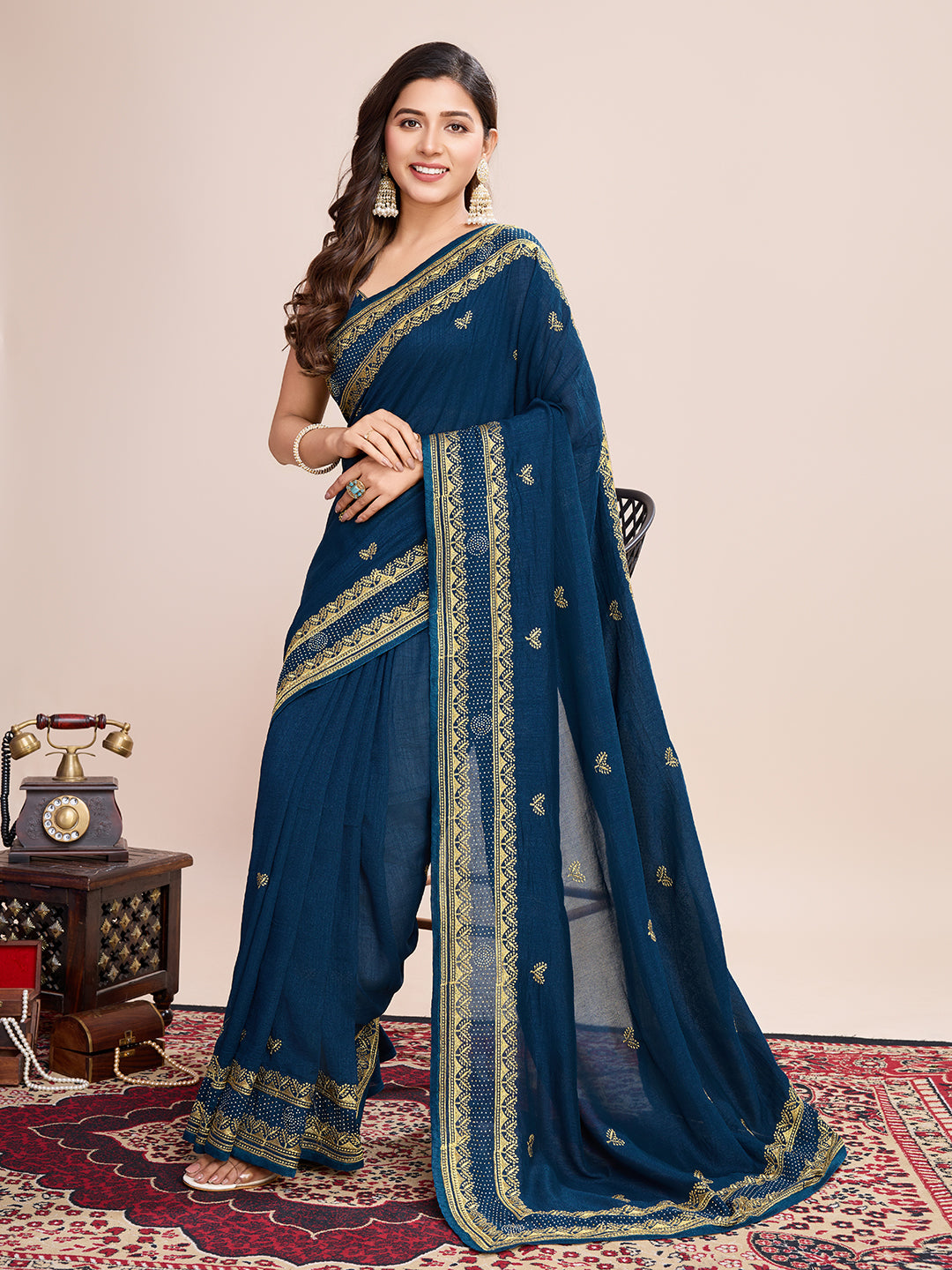Teal Blue Vichitra Silk Girlie Looks Designer Embroidery Work Wedding Season Saree