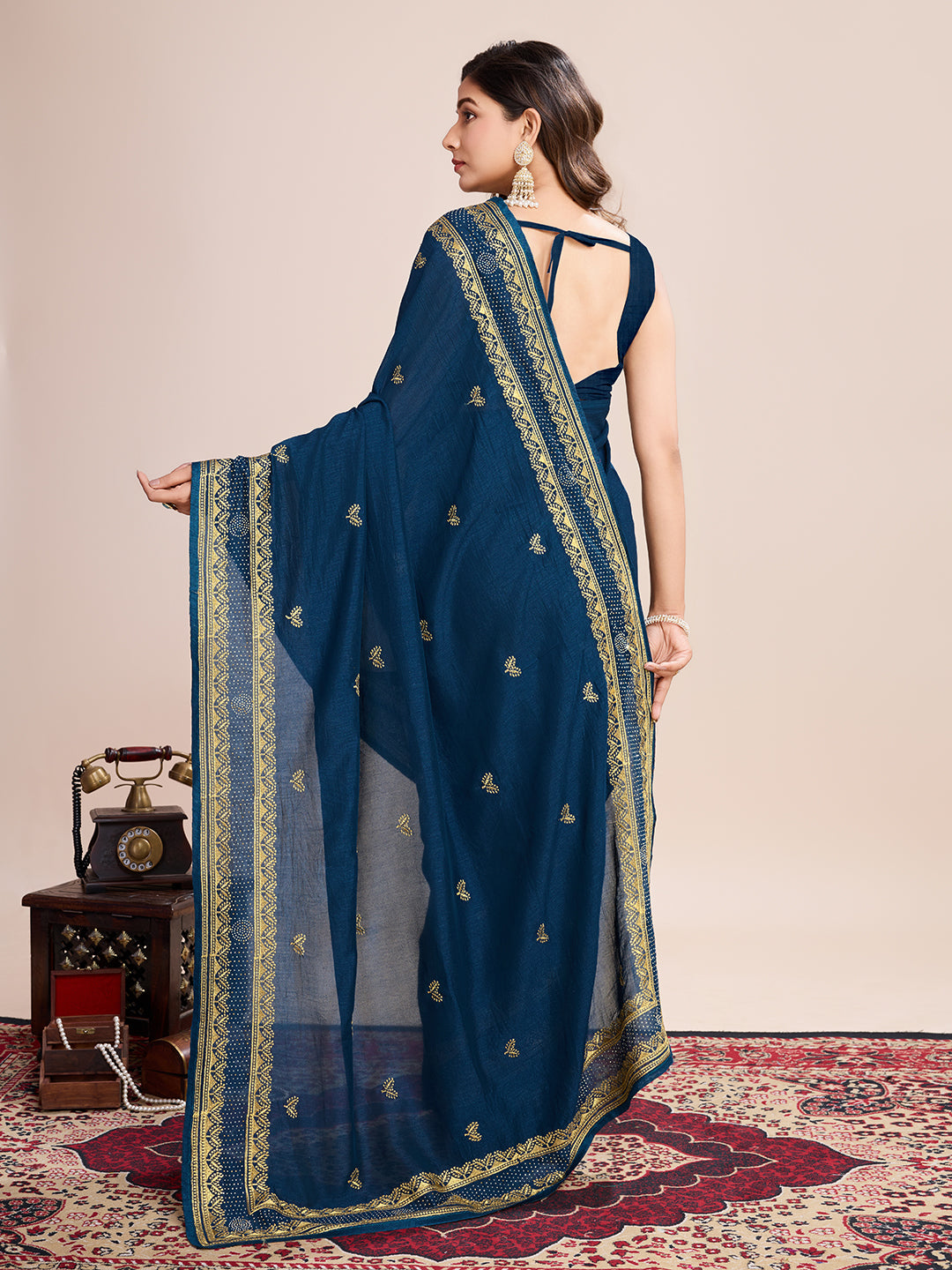 Teal Blue Vichitra Silk Girlie Looks Designer Embroidery Work Wedding Season Saree
