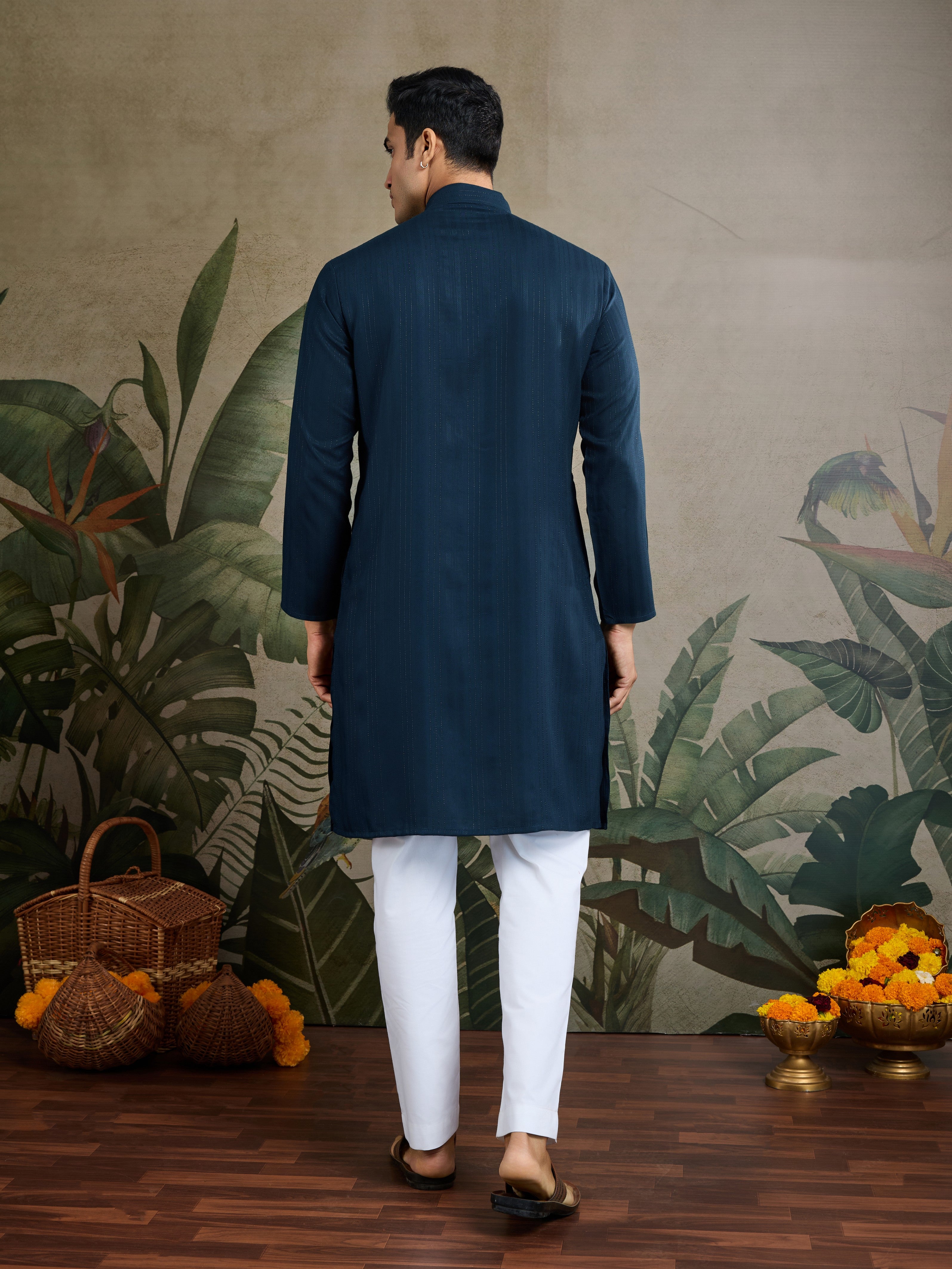 Teal Blue Viscose Ethnic Kurta with Dupatta for Ceremonial Look