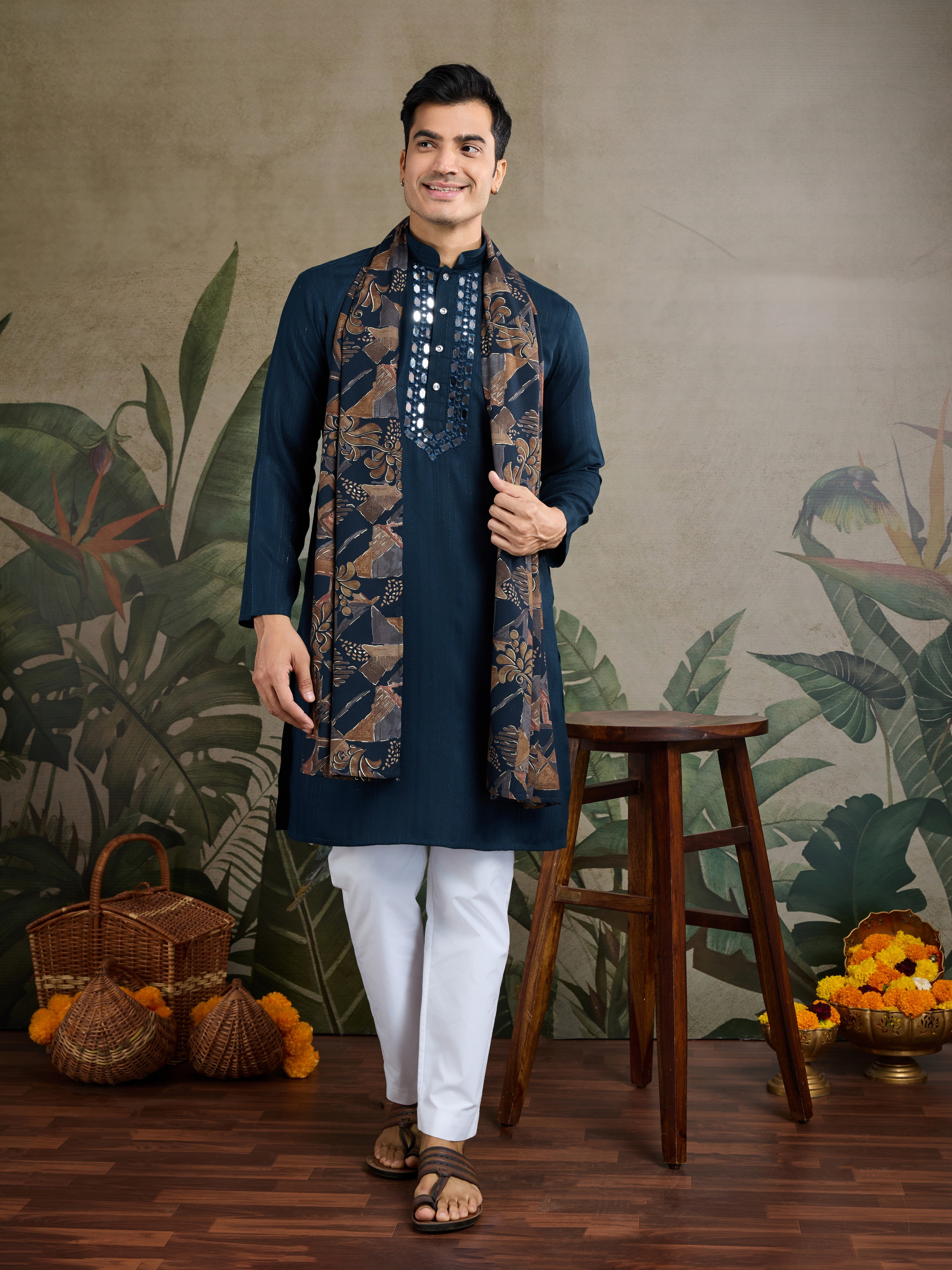 Teal Blue Viscose Ethnic Kurta with Dupatta for Ceremonial Look