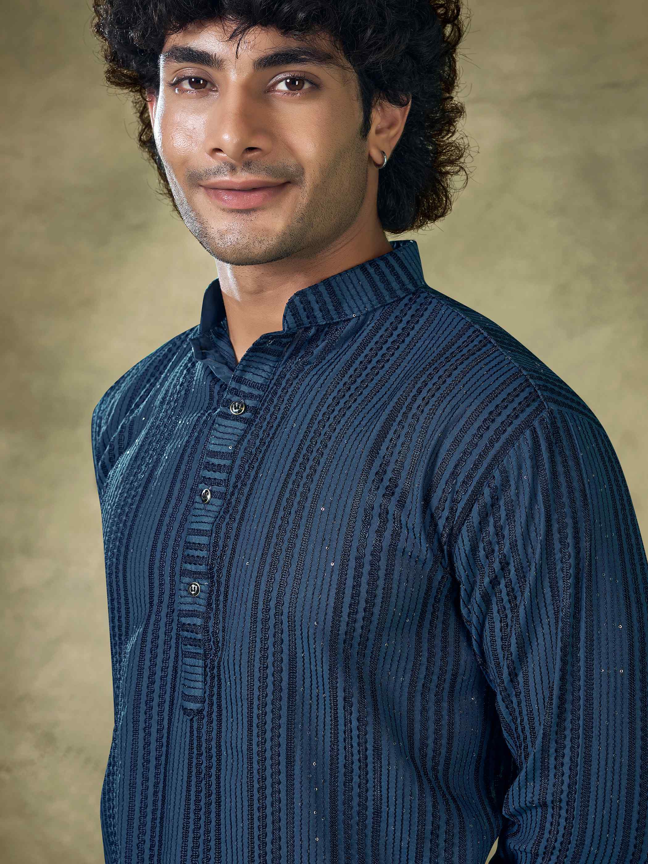 Teal Blue Viscose Kurta Payjama with Sequins – Statement Wedding Look