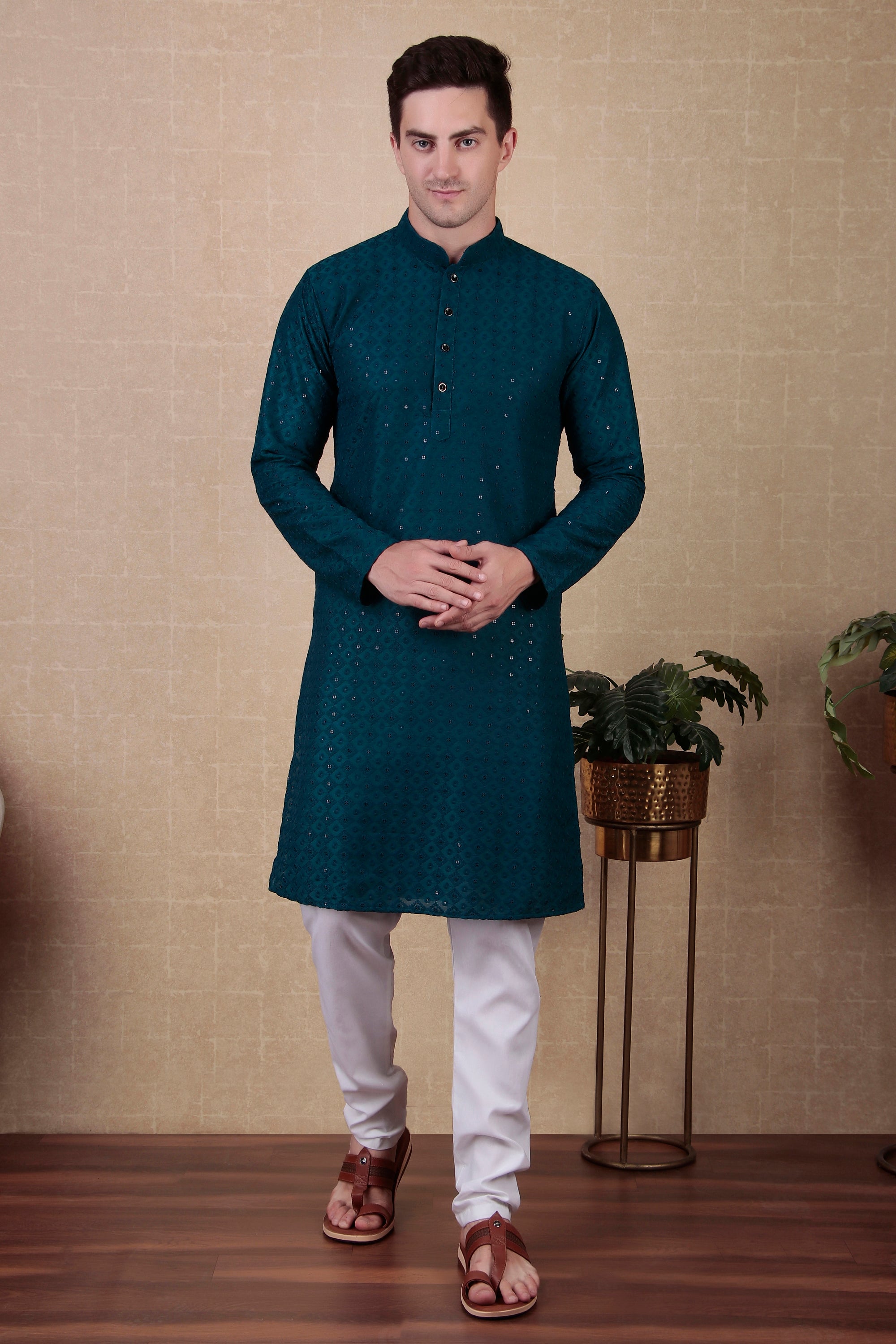 Teal Bollywood Style Kurta Payjama Set with Sequins – Eye-Catching Look