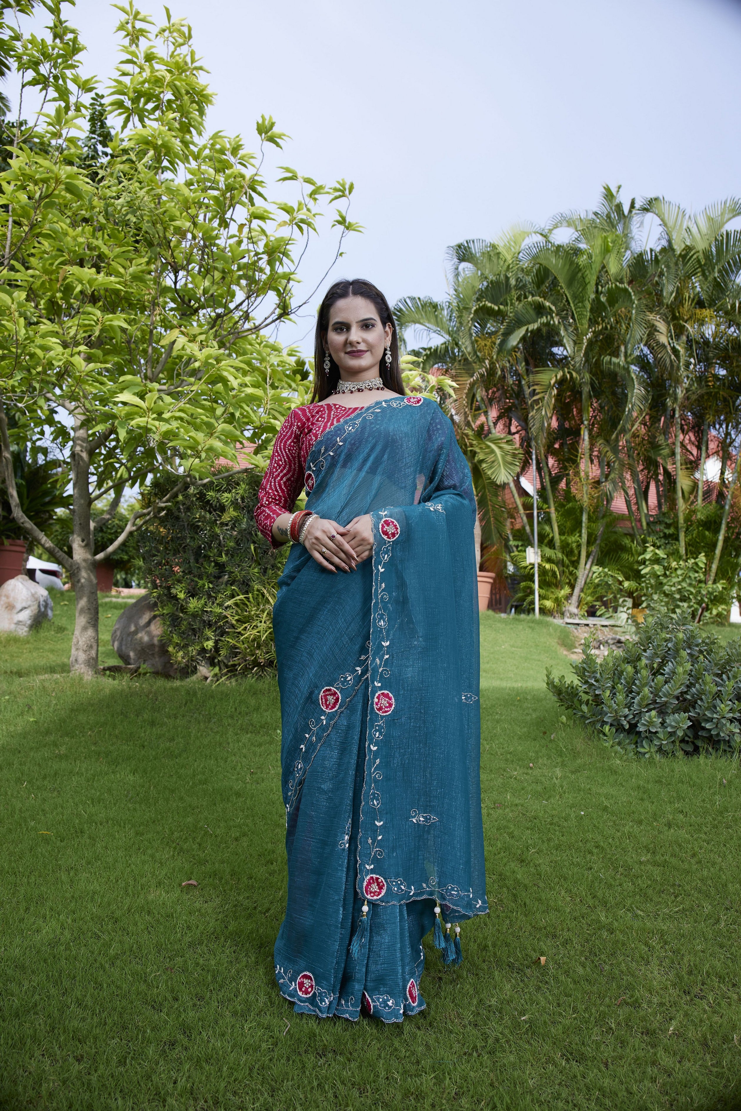 Teal Chiffon Beautiful Heavy Traditonal Rich Festive Saree