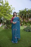 Teal Chiffon Beautiful Heavy Traditonal Rich Festive Saree