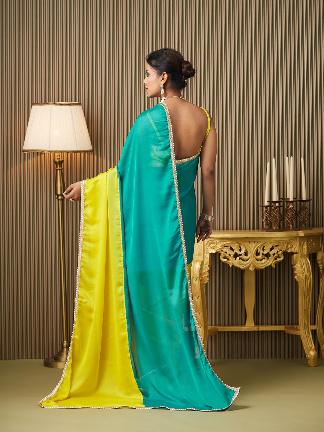 Teal Chiffon Motiwork Lace Blocked Ceremonial Saree