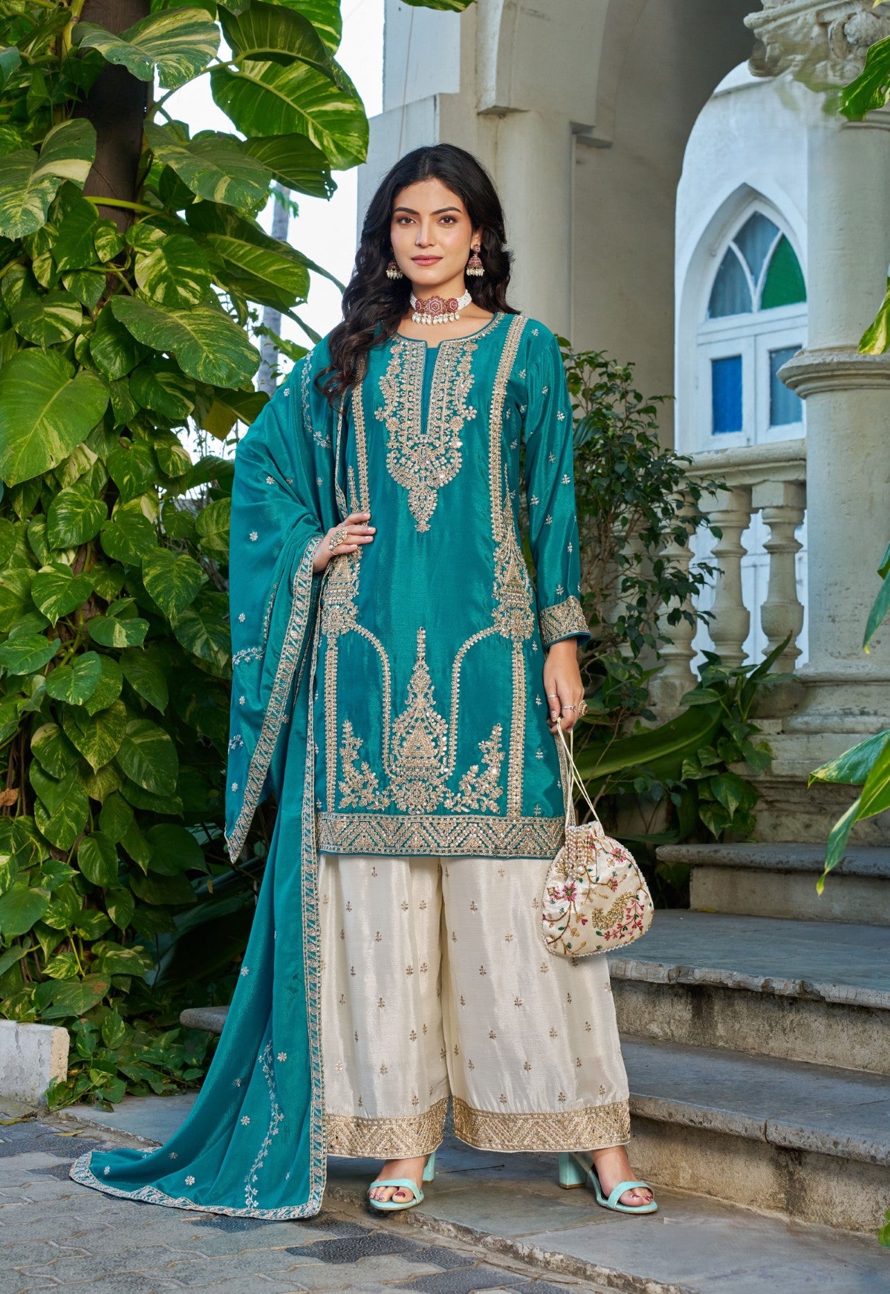 Teal Chinon Designer Suit Set With Elegant Embroidery