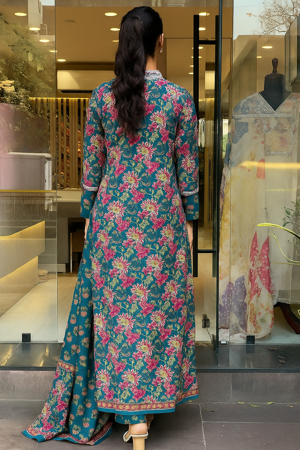 Teal Cotton Kurta Pant Set With Print With Thread Embroidered On Neck