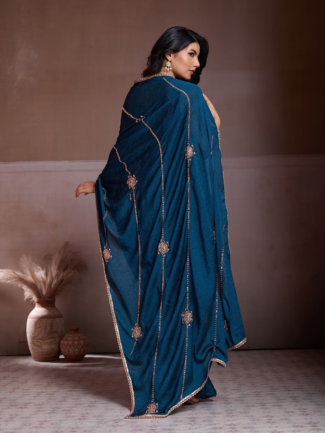 Teal Crush Silk Saree With Embroidery Festive Designer Saree
