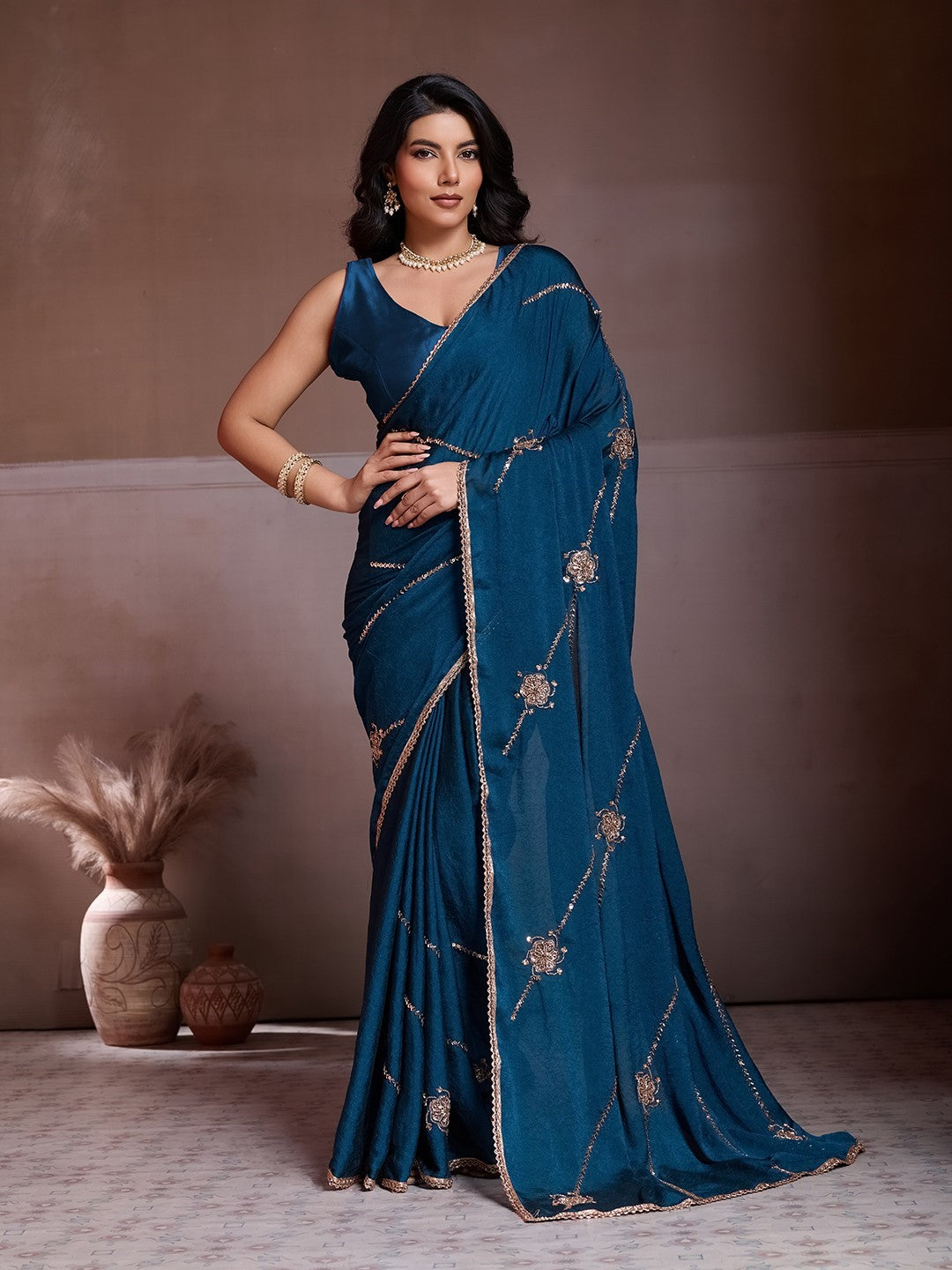 Teal Crush Silk Saree With Embroidery Festive Designer Saree