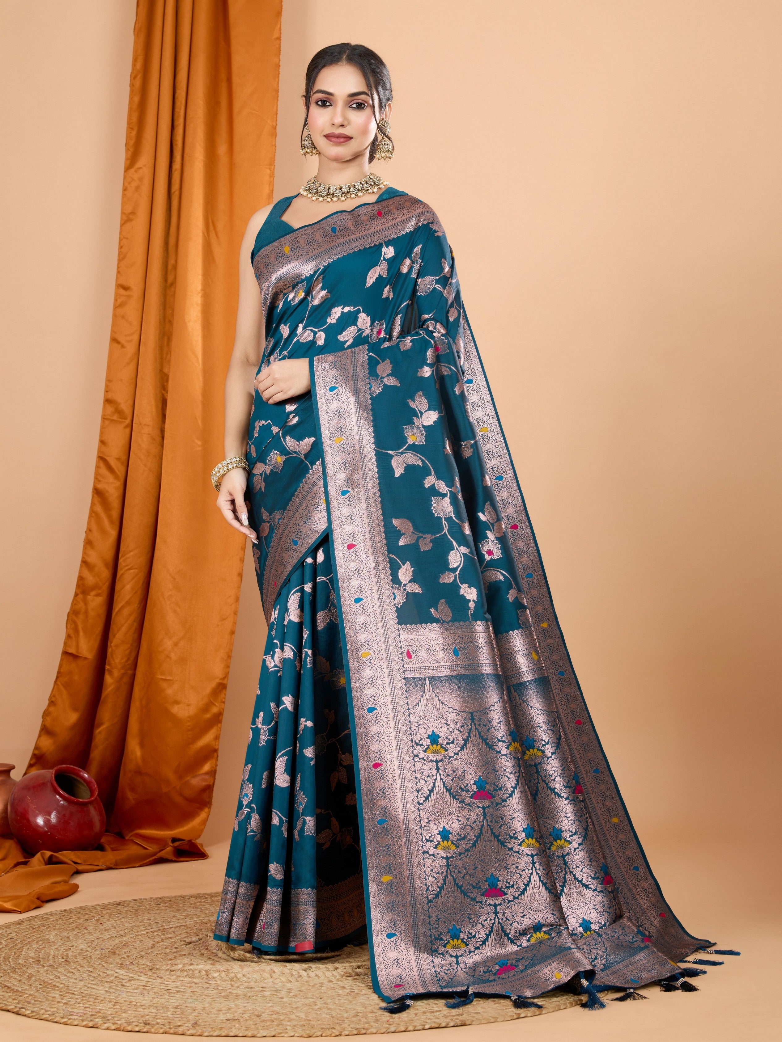 Teal Ethnic Banarasi Silk Saree With Woven Jari Designer Work