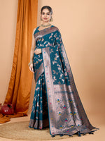 Teal Ethnic Banarasi Silk Saree With Woven Jari Designer Work