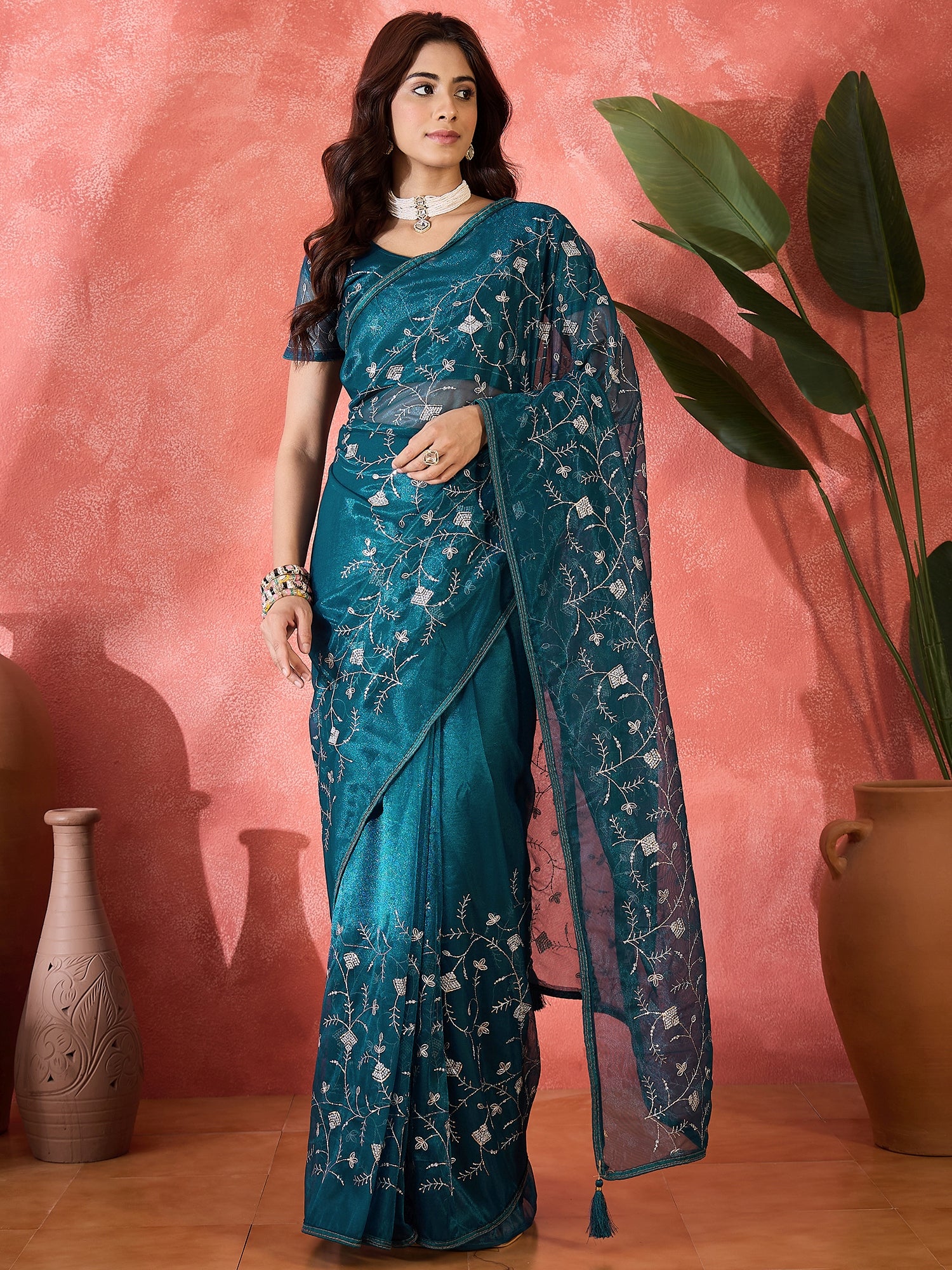 Teal Fancy Twill Net Sequins Embroidery Work Ceremonial Saree