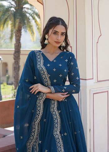 Teal Faux Georgette Suit With Print