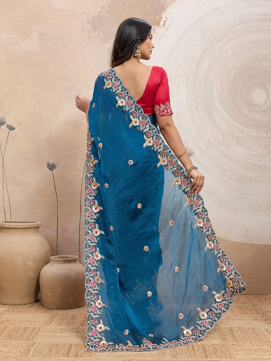 Teal Fendy Chiffon Saree With Embroidery Elegant Designer Saree