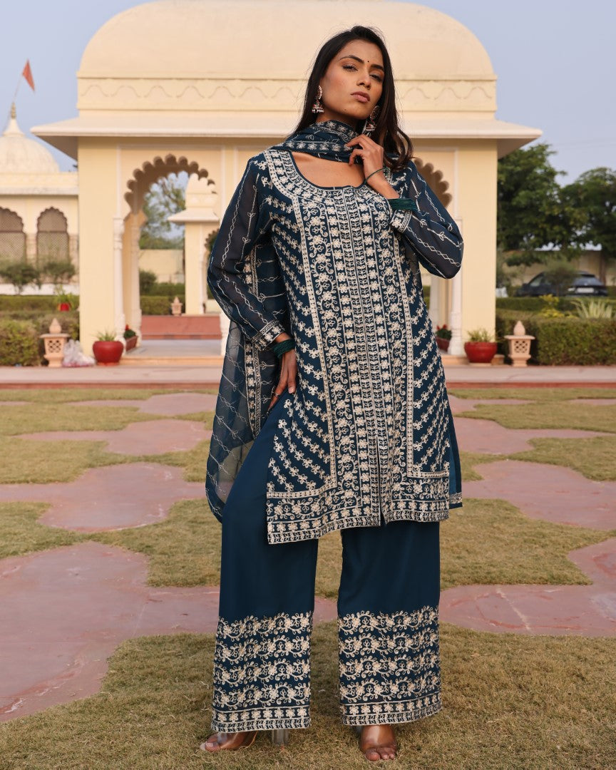 Teal Georgette Designer Suit Set With Handcrafted Embroidered Accents