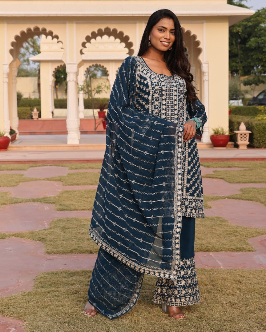 Teal Georgette Designer Suit Set With Handcrafted Embroidered Accents