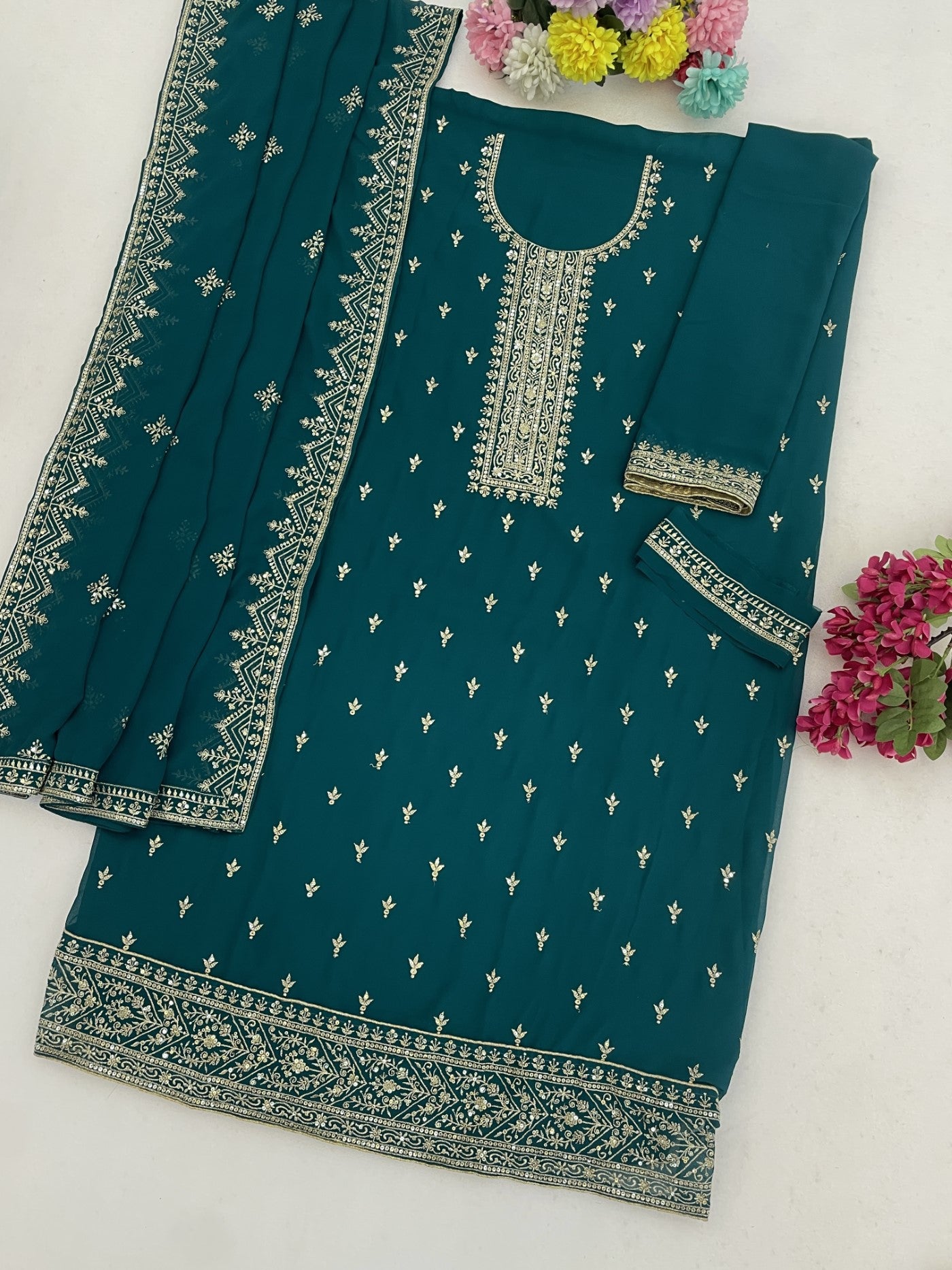 Teal Georgette Designer Suit Set With Intricate Embroidery