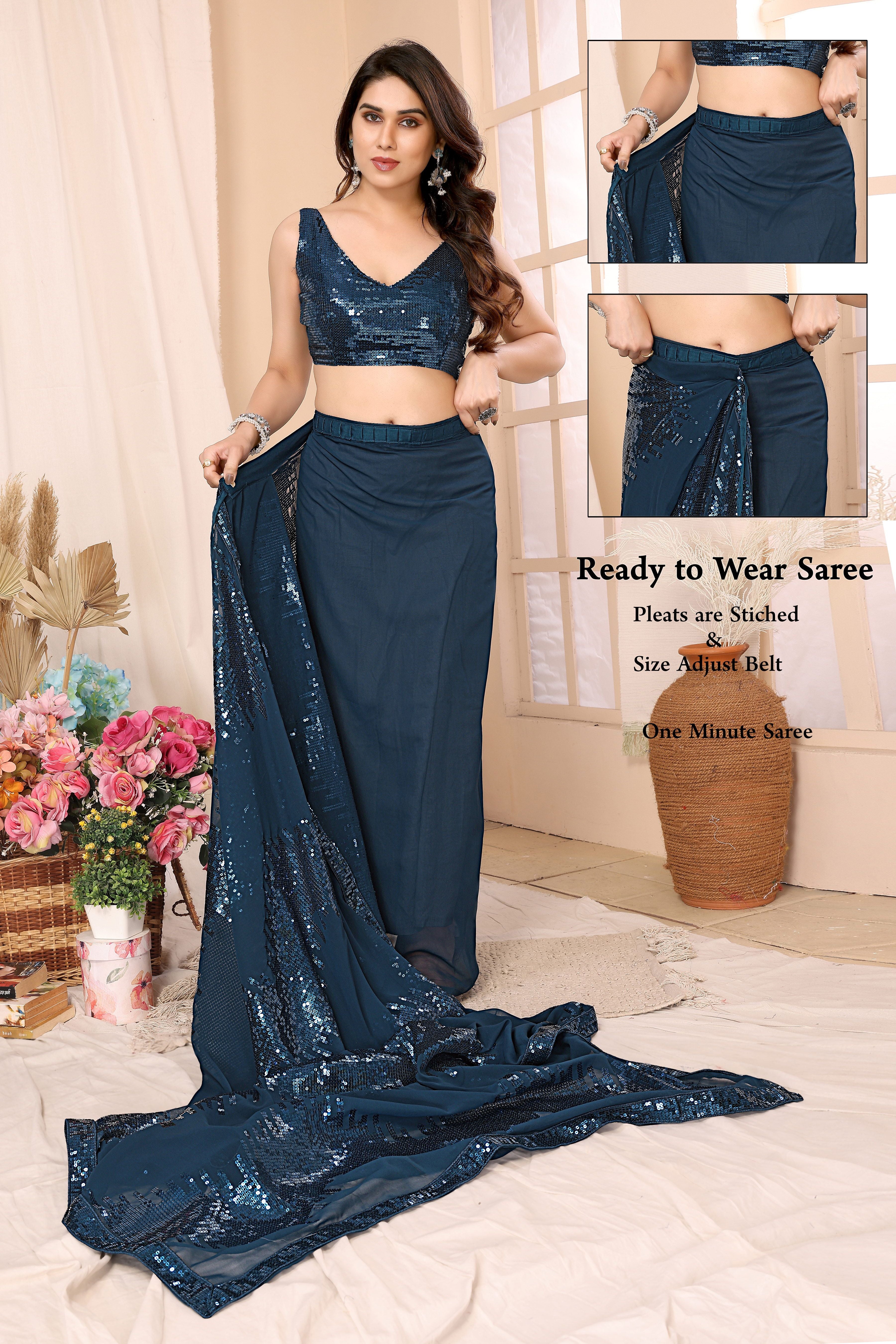 Teal Georgette Ready To Wear Sequins Embroidered Saree