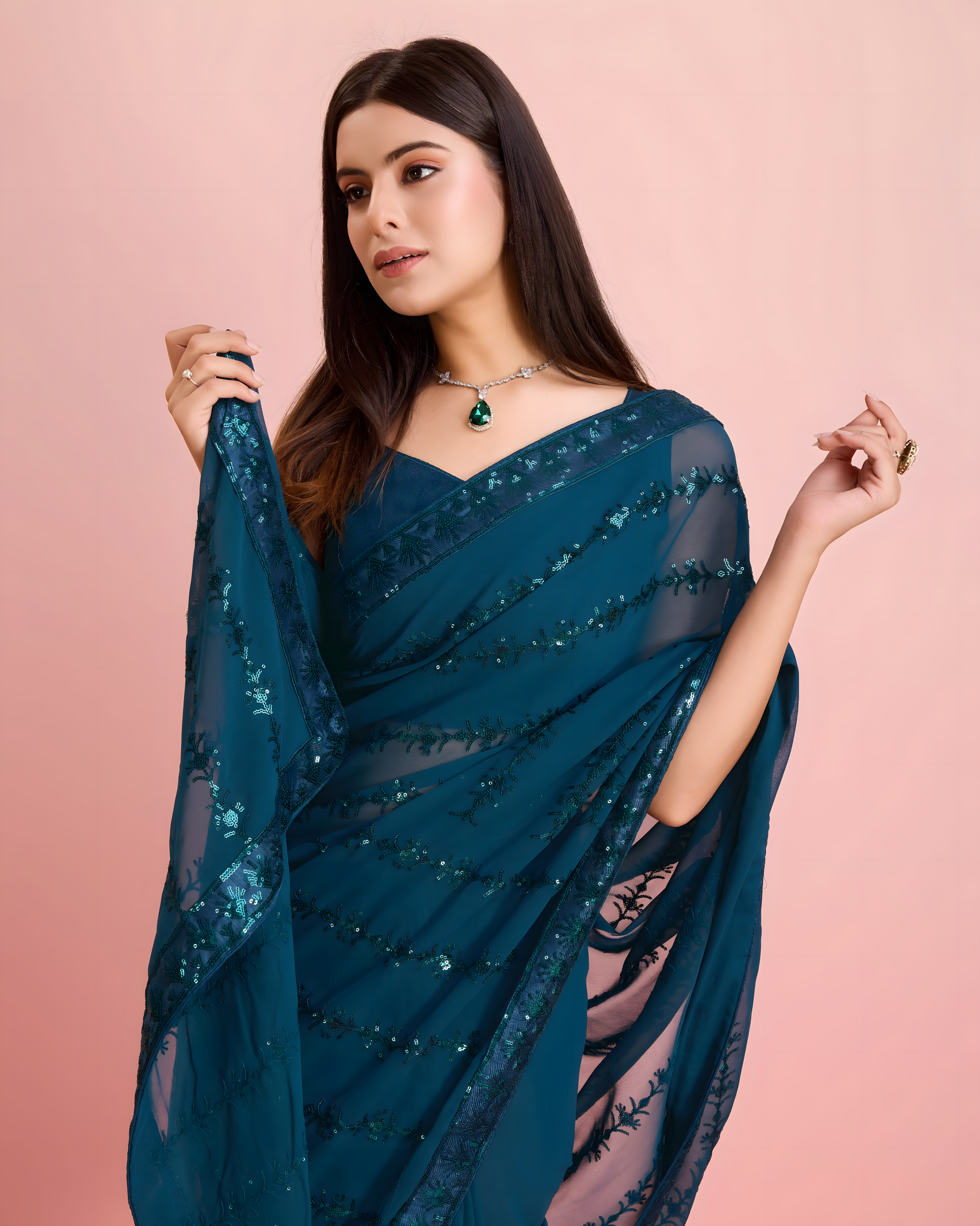 Teal Georgette Saree with 3mm sequence with threads work  with lace border Work