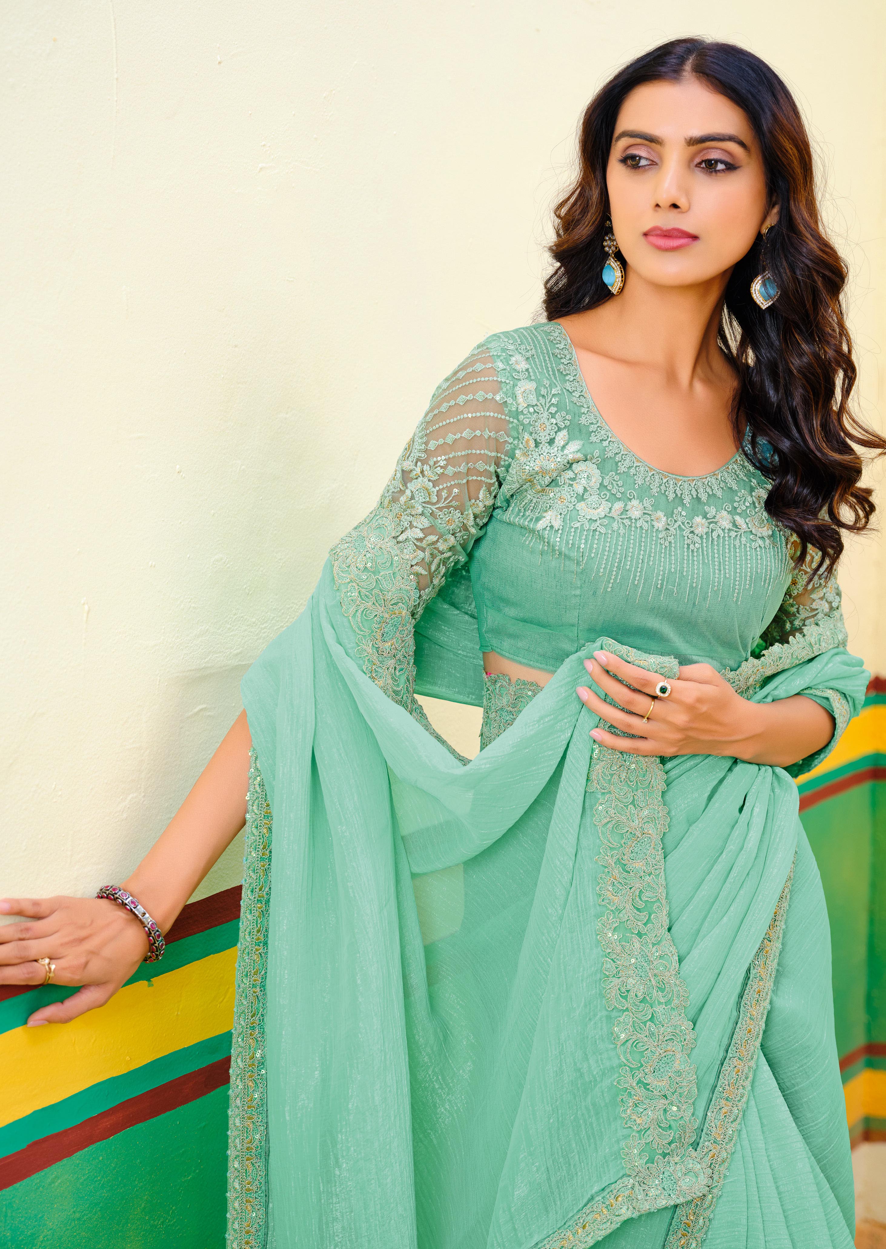 Teal Green Beautiful Embroidered Heavy Partywear Saree