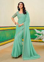 Teal Green Beautiful Embroidered Heavy Partywear Saree