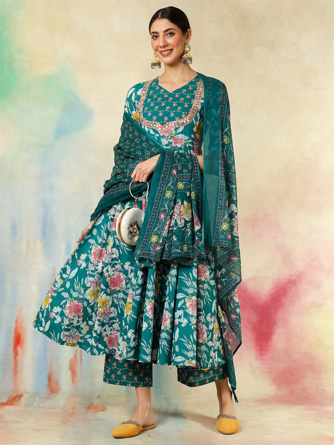 Teal Green Cotton Kurta Pant Set With Print With Thread Embroidery Work