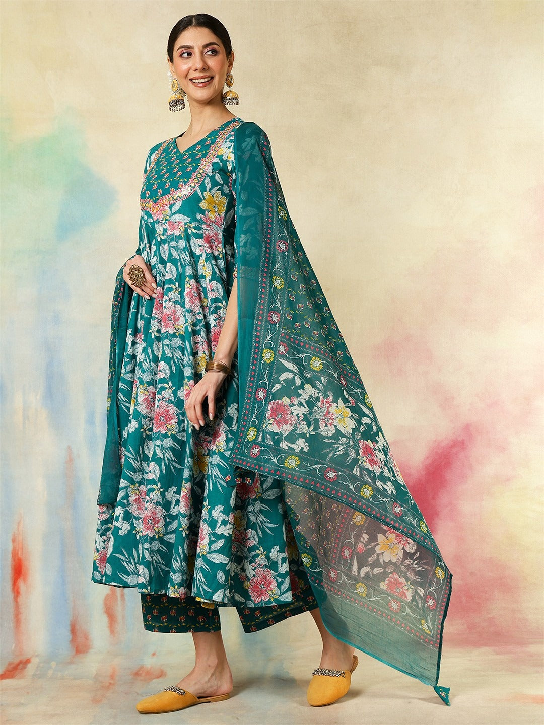 Teal Green Cotton Kurta Pant Set With Print With Thread Embroidery Work