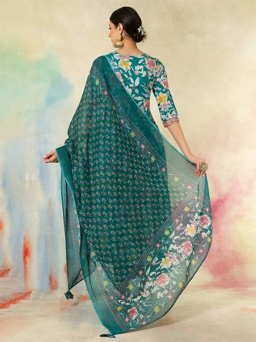 Teal Green Cotton Kurta Pant Set With Print With Thread Embroidery Work