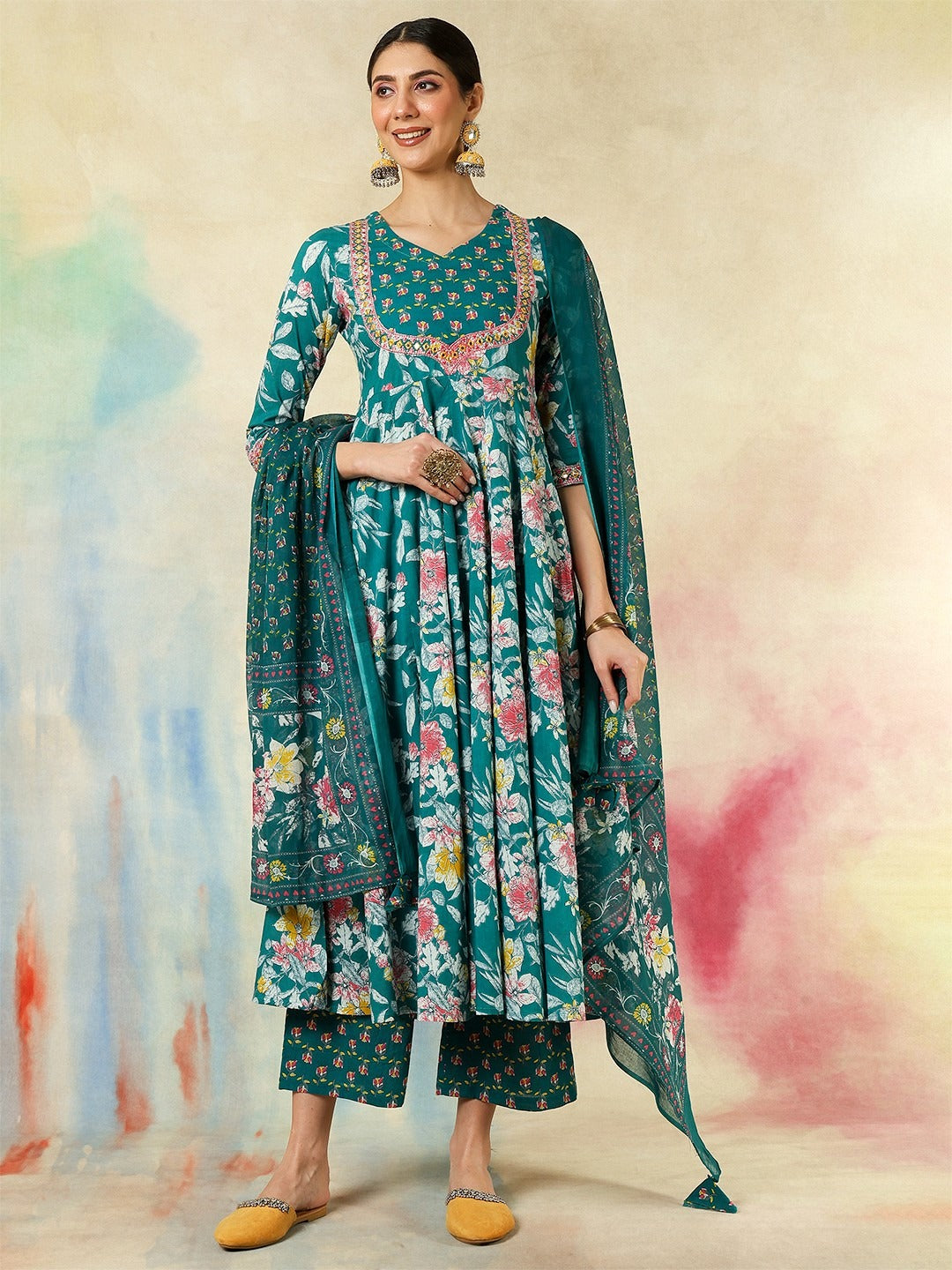 Teal Green Cotton Kurta Pant Set With Print With Thread Embroidery Work