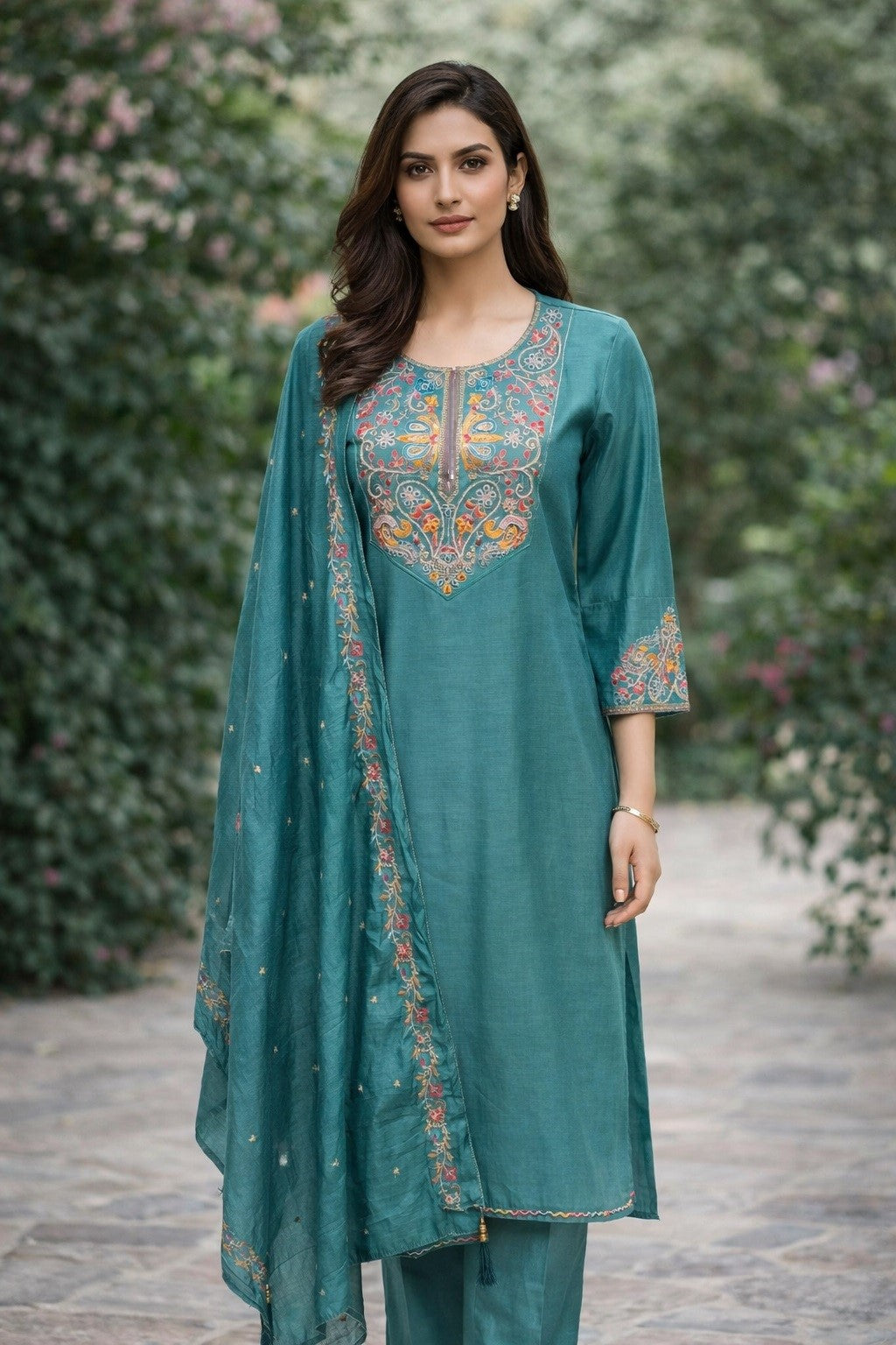 Teal Green Cotton Silk Designer Suit Set With Handcrafted Embroidery