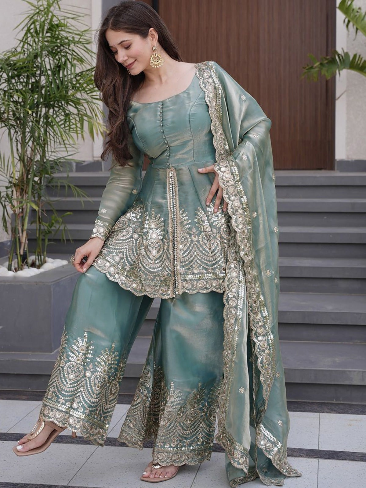 Teal Green Fandy Silk Kurta With Sharara Set  With Heavy Thread Embroidery Work