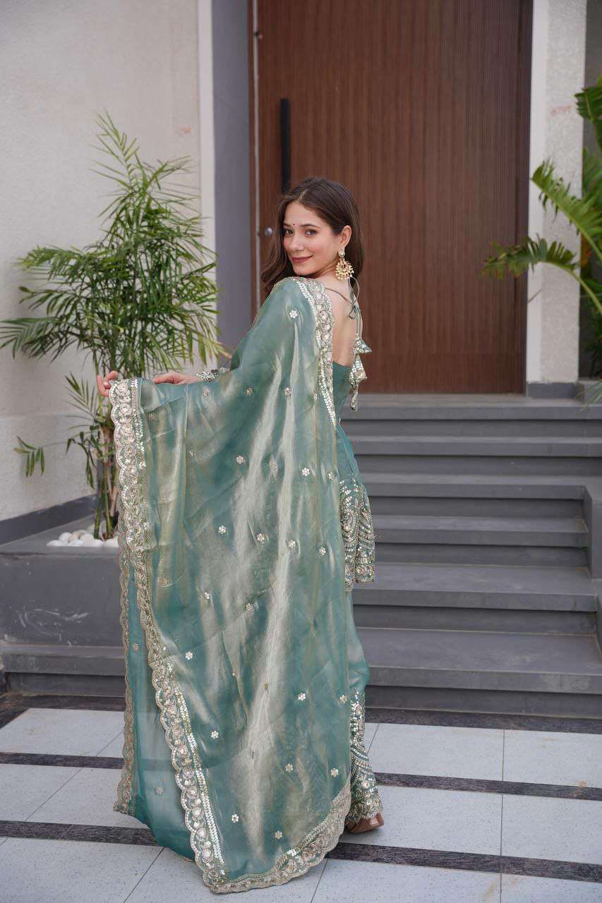 Teal Green Fandy Silk Kurta With Sharara Set  With Heavy Thread Embroidery Work