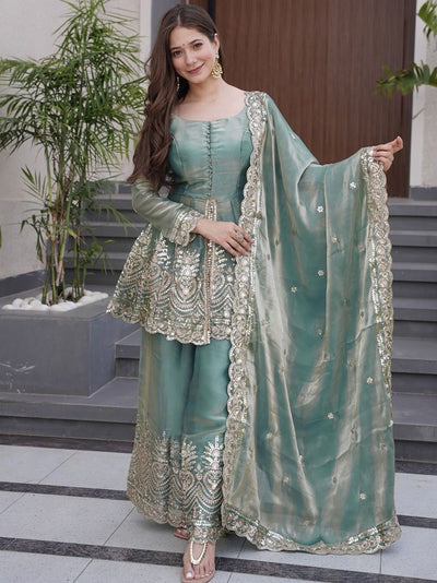 Teal Green Fandy Silk Kurta With Sharara Set  With Heavy Thread Embroidery Work