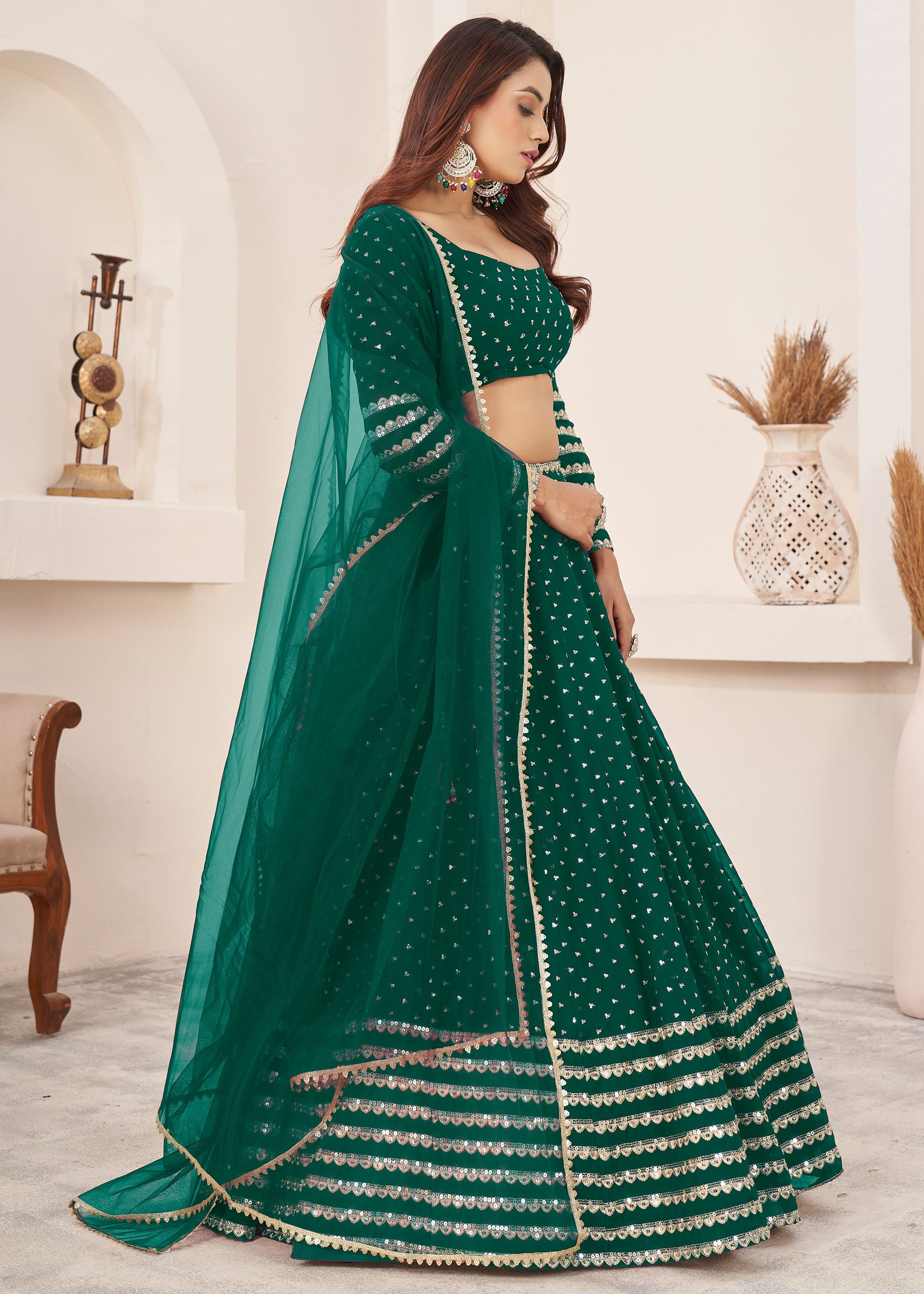 Teal Green Georgette Lehenga Choli With Sequins Zari Embroidered Work