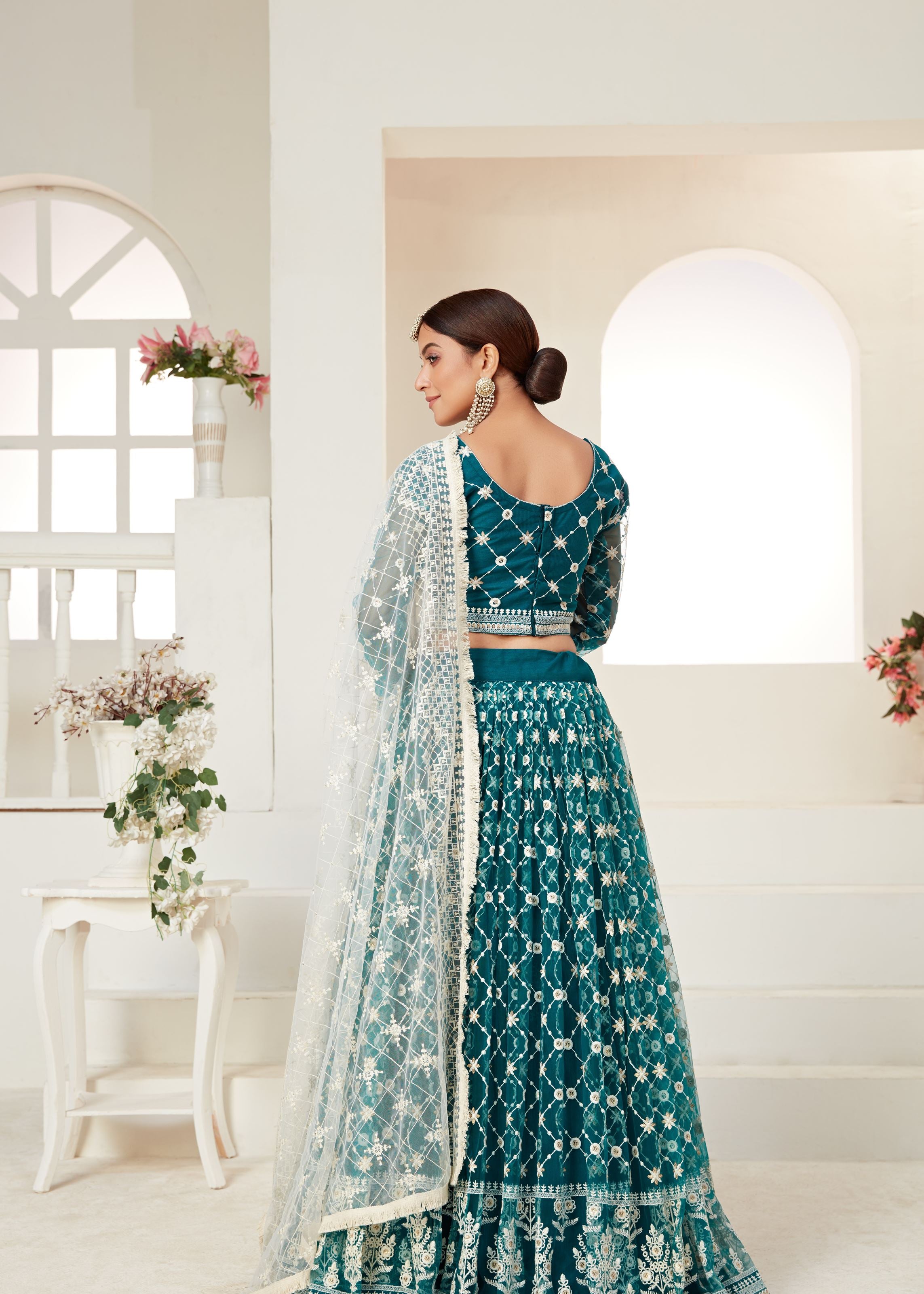 Teal Green Lehenga Choli And Dupatta With Multi Net And Sequence Embroidered Thread Work