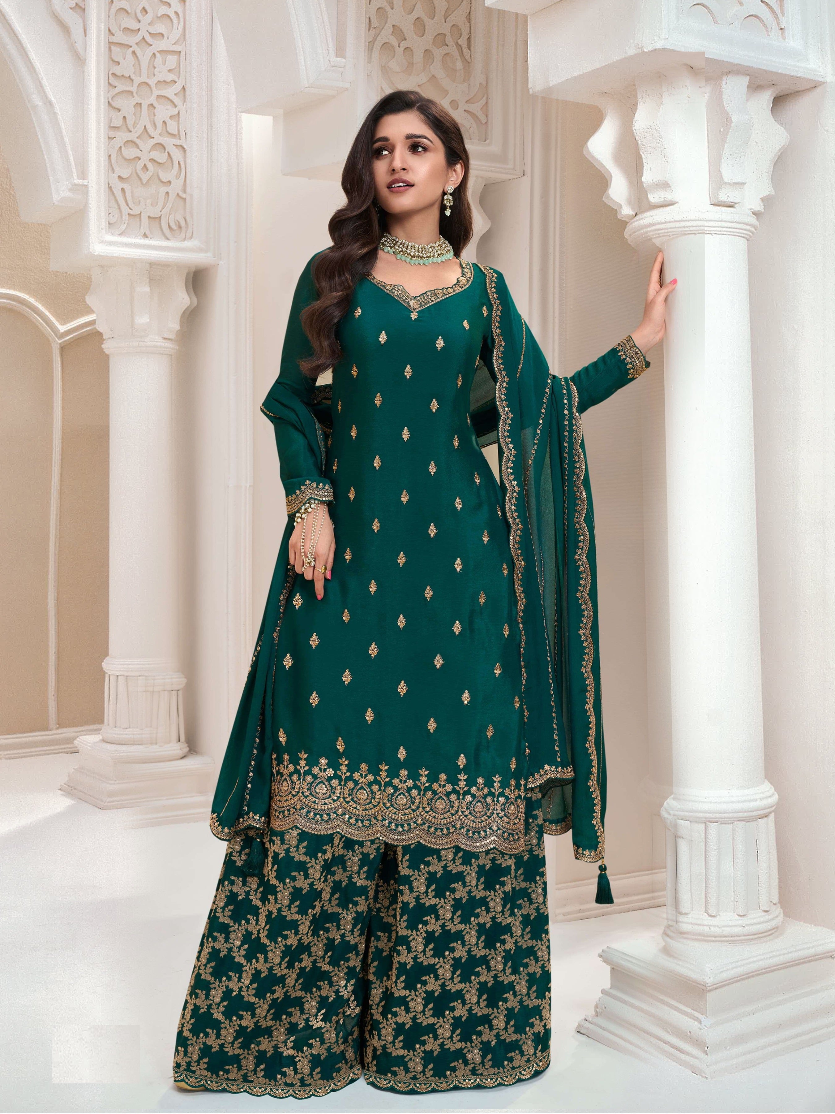 Teal Green  Sarara Style Salwar Suit With Heavy Embroidery Work