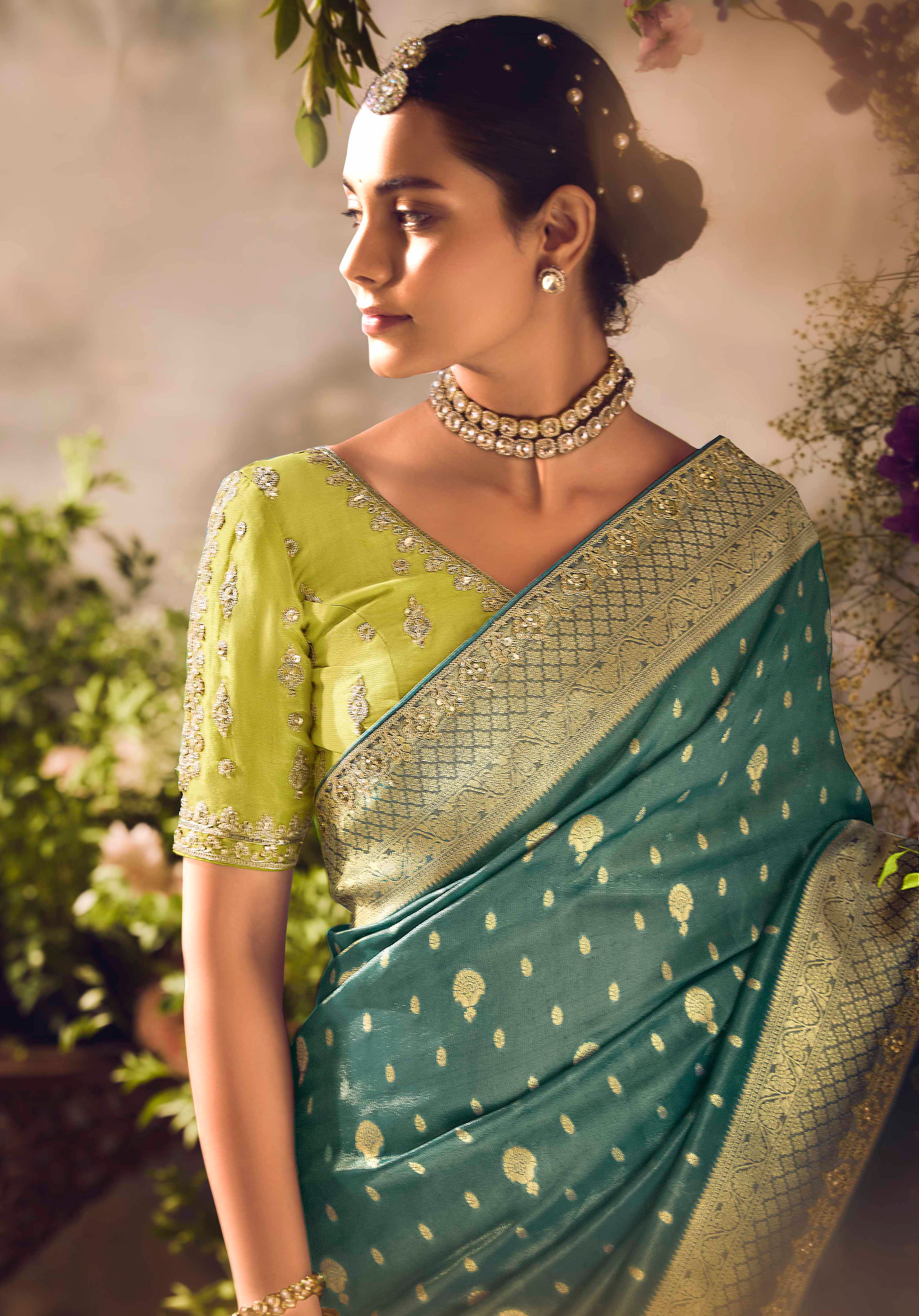 Teal Green Saree With  Jacquard Woven Work with Embroidered Lace Border