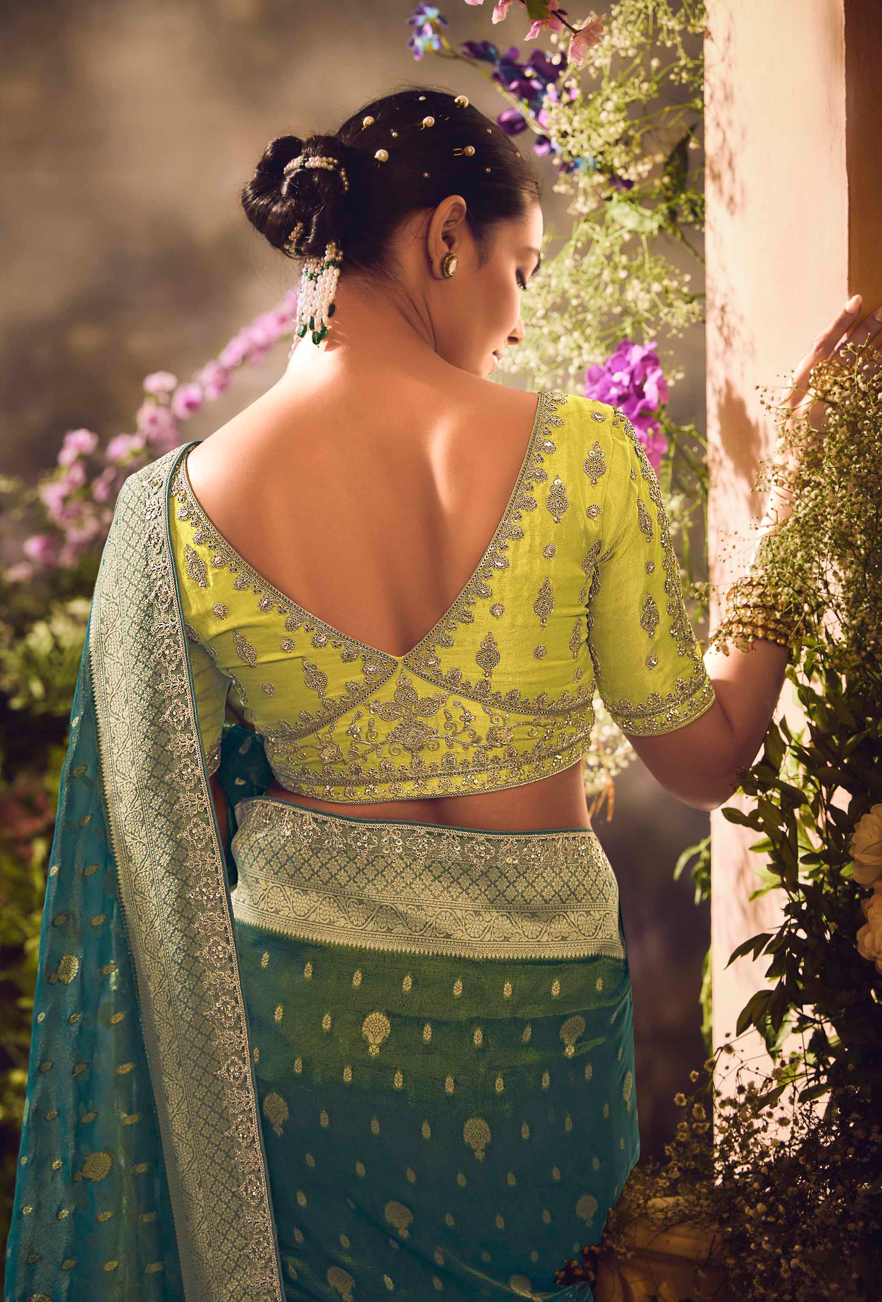 Teal Green Saree With  Jacquard Woven Work with Embroidered Lace Border