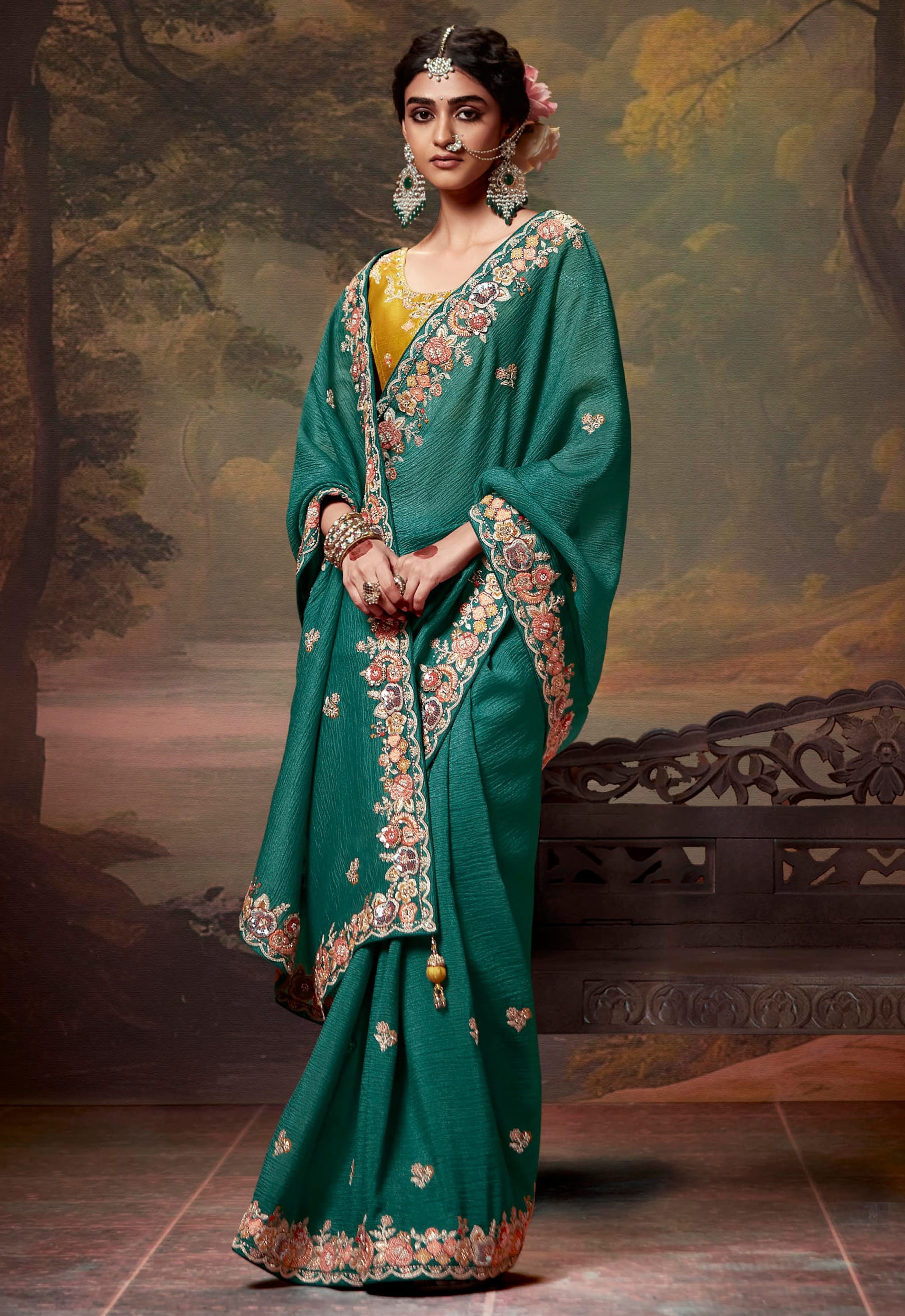 Teal Green Saree with Heavy Thread Embroidery Sequins Work and Embroidery Blouse