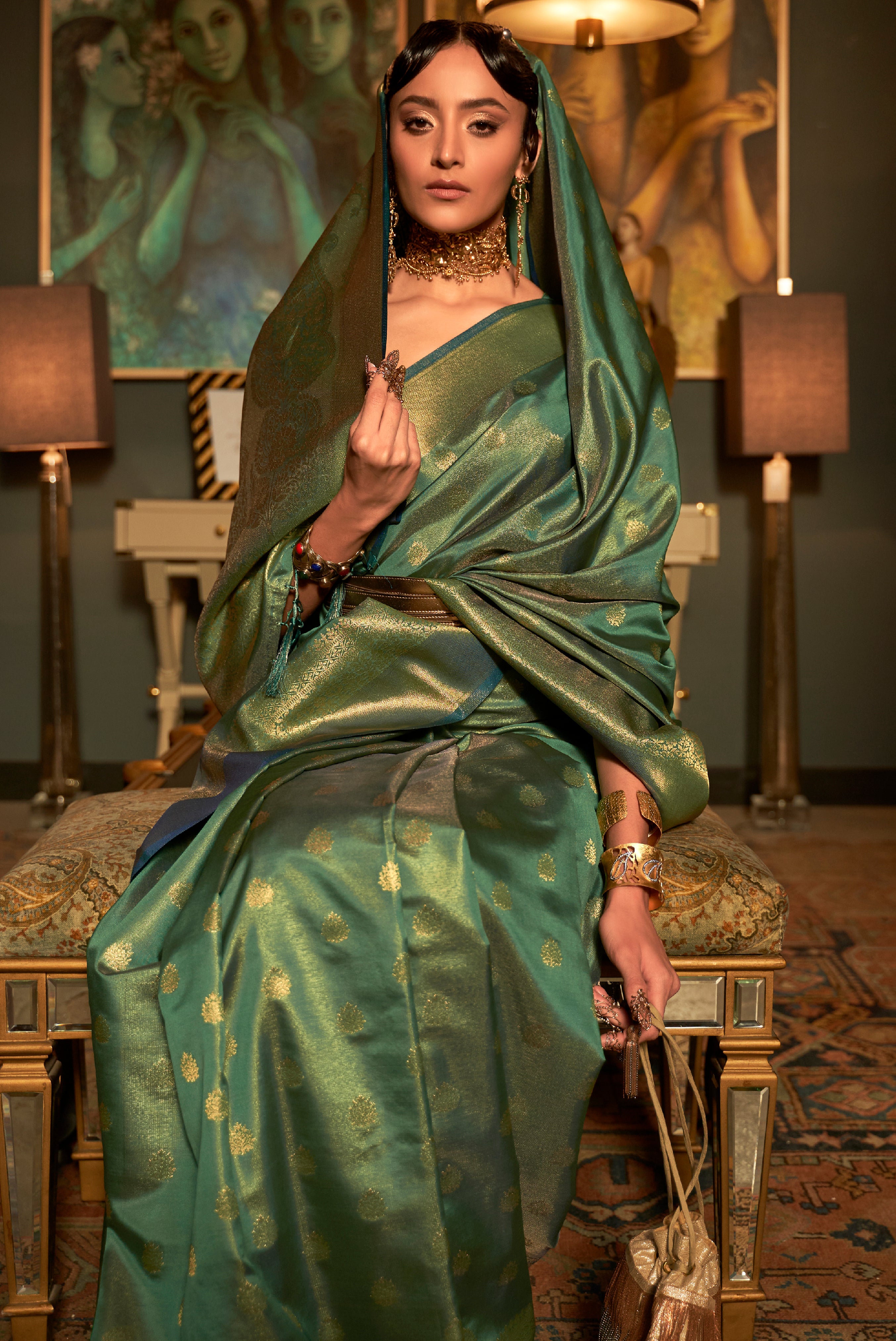 Teal Green Silk Saree with  Jacquard Woven Work
