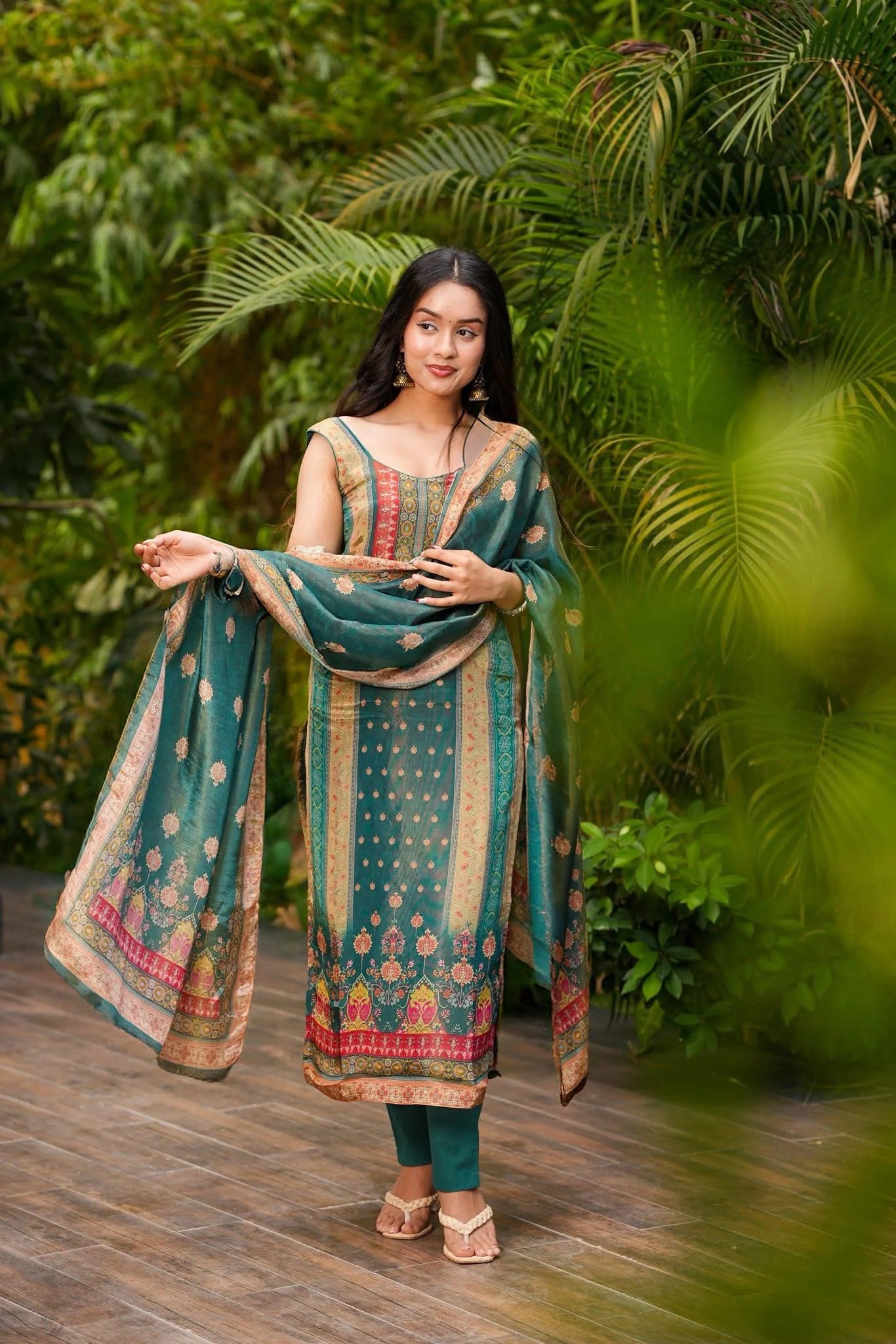 Teal Green Zarna Silk Kurta Pant Set  Printed