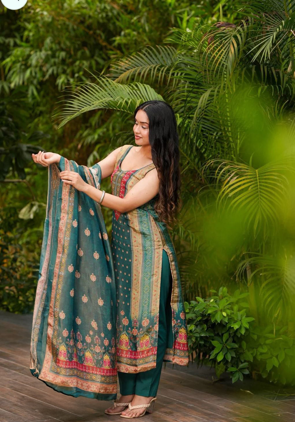 Teal Green Zarna Silk Kurta Pant Set  Printed