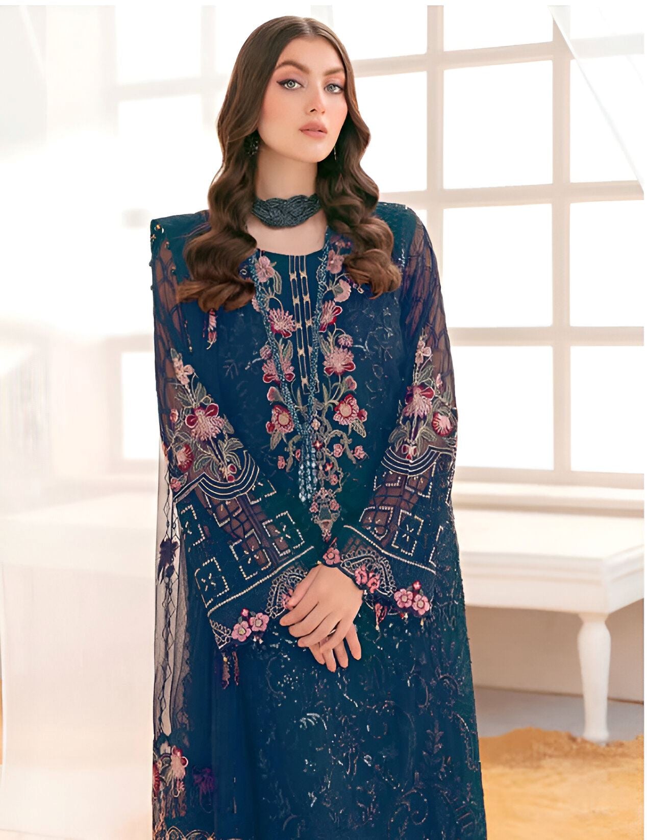 Teal Heavy Designer Suit With Heavy Embroidery Work