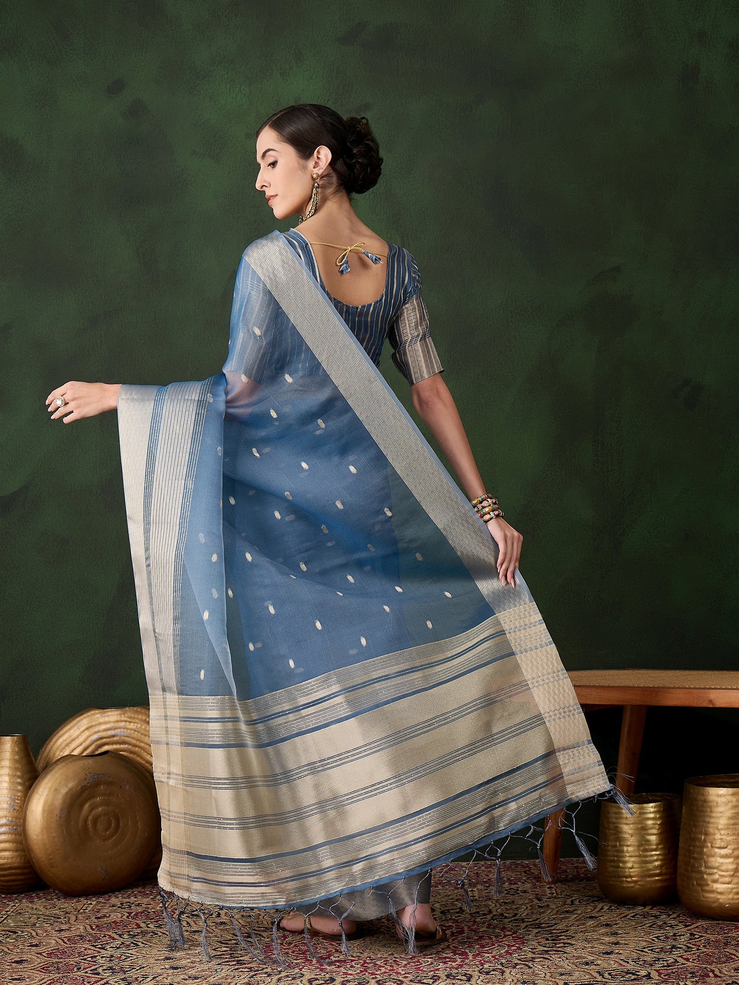 Teal Khadi Organza Ethnic Woven Designer Saree For Festive Looks