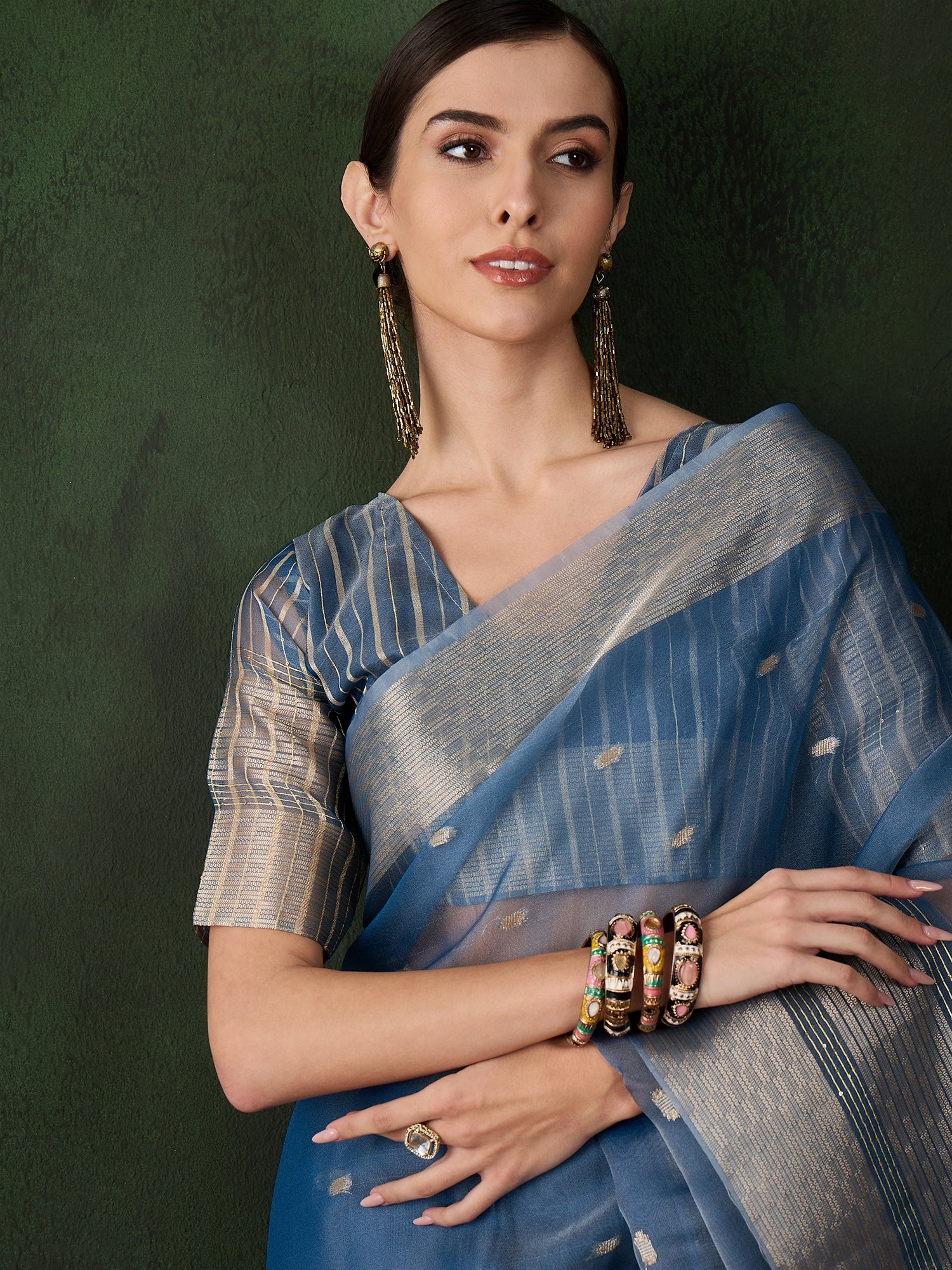 Teal Khadi Organza Ethnic Woven Designer Saree For Festive Looks